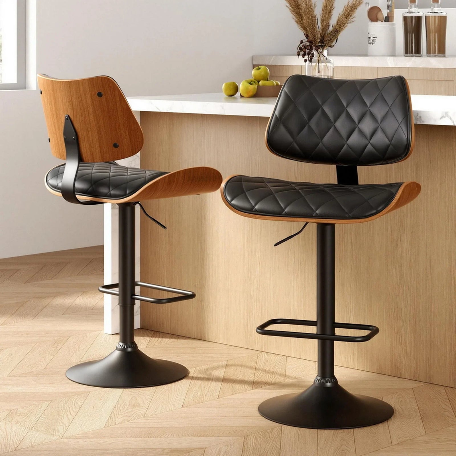 2x Bar Stools Kitchen Dining Chairs Gas Lift Stool Wooden Leather Black