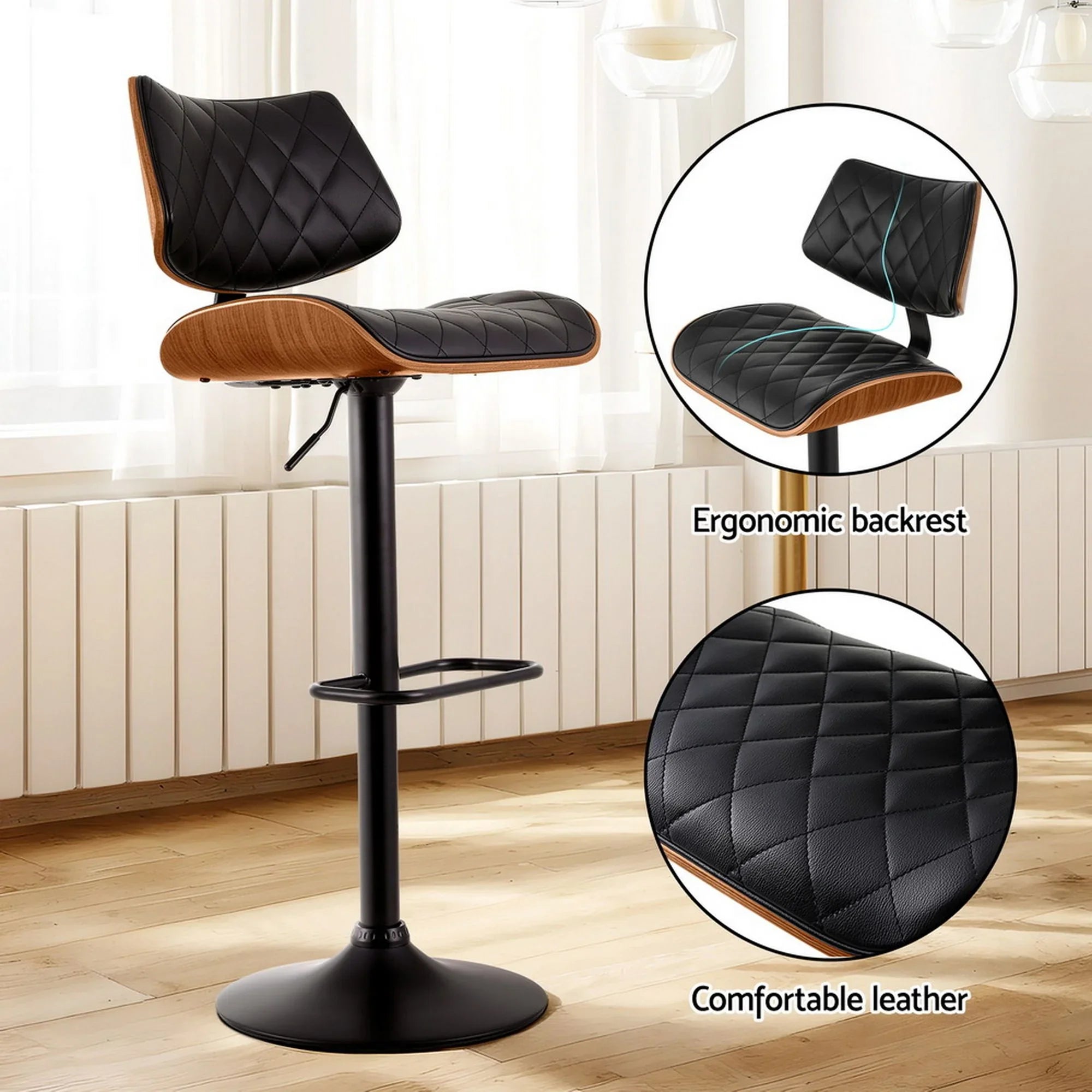 4x Bar Stools Kitchen Dining Chairs Gas Lift Stool Wooden Leather Black