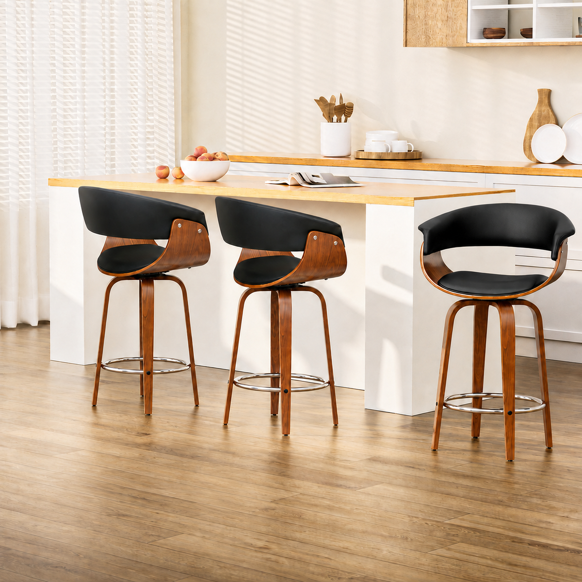 Artiss Cassius Set of 3 Bentwood Bar Stools with Armrests PU Leather Seat 65cm