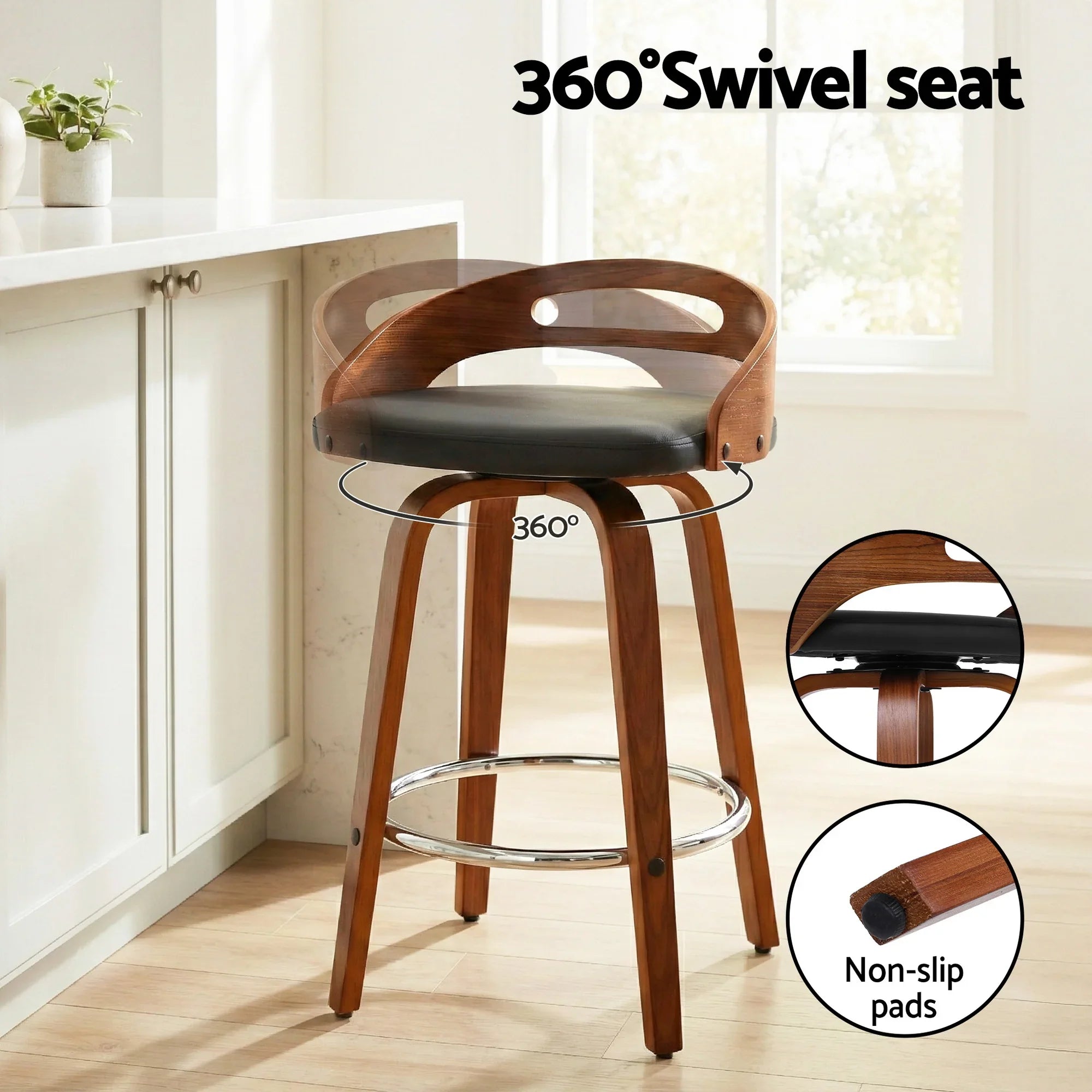 2x Bar Stools Swivel Dining Chairs Low Back Counter Seat PU Cushion