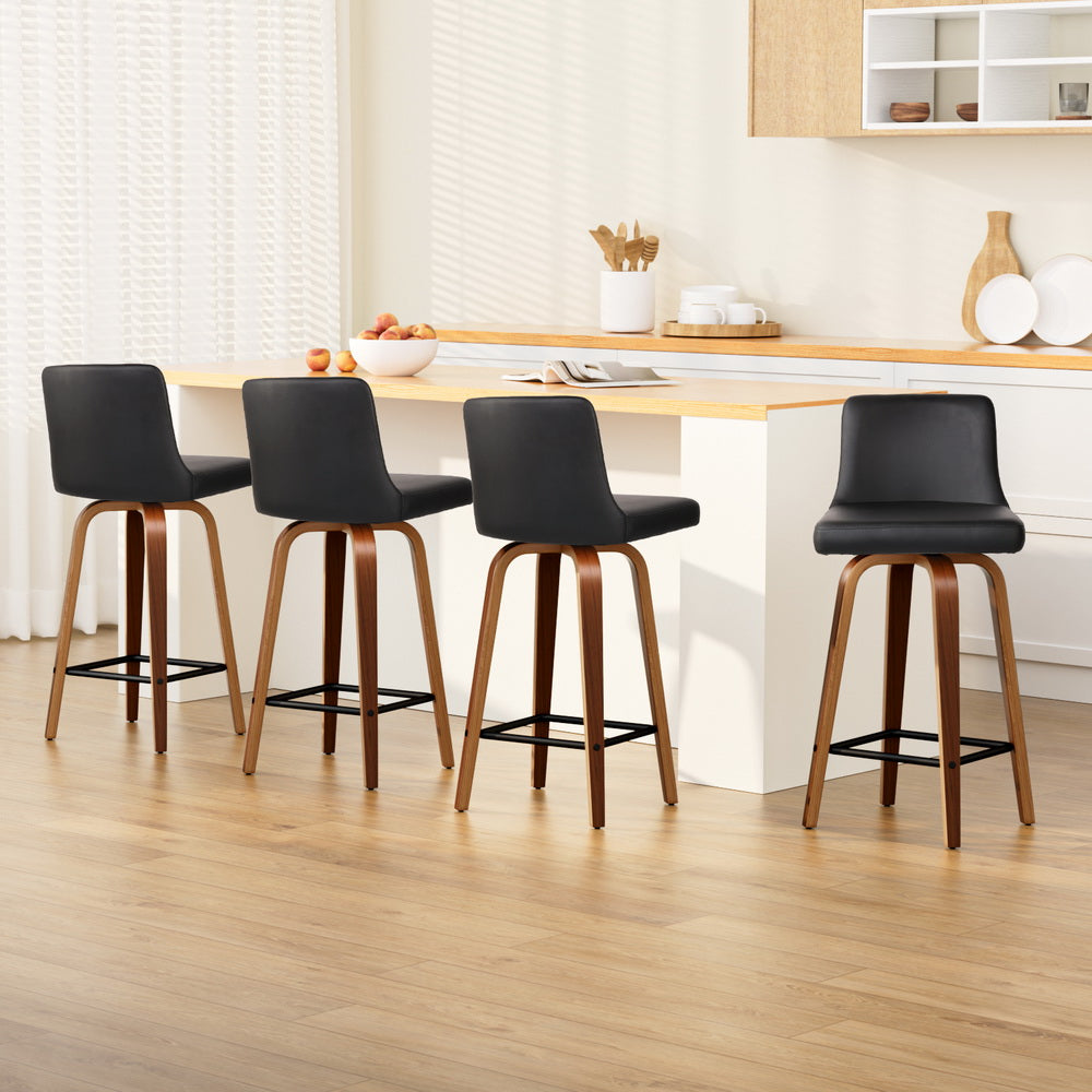 4x Bar Stools Swivel Leather Padded Wooden