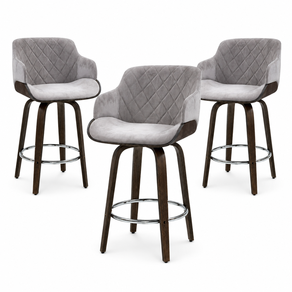 Set of 3 Velvet Bar Stools with Backrest Chrome Footrest Wooden Grey 70cm Seat