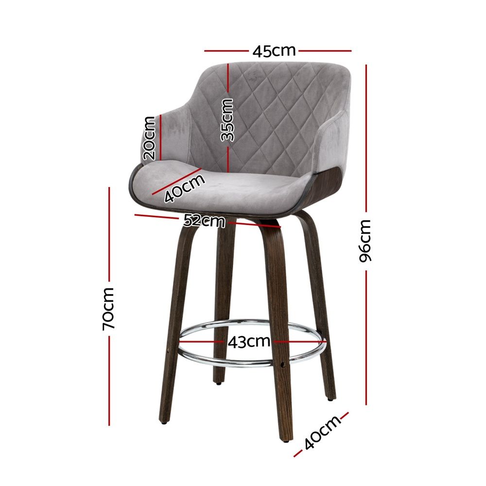 Set of 3 Velvet Bar Stools with Backrest Chrome Footrest Wooden Grey 70cm Seat