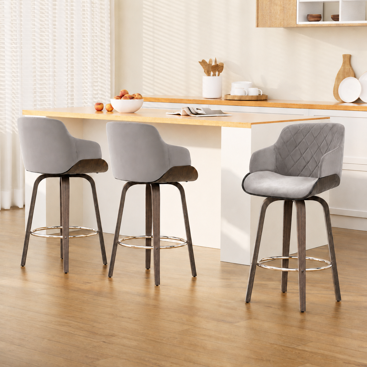 Set of 3 Velvet Bar Stools with Backrest Chrome Footrest Wooden Grey 70cm Seat