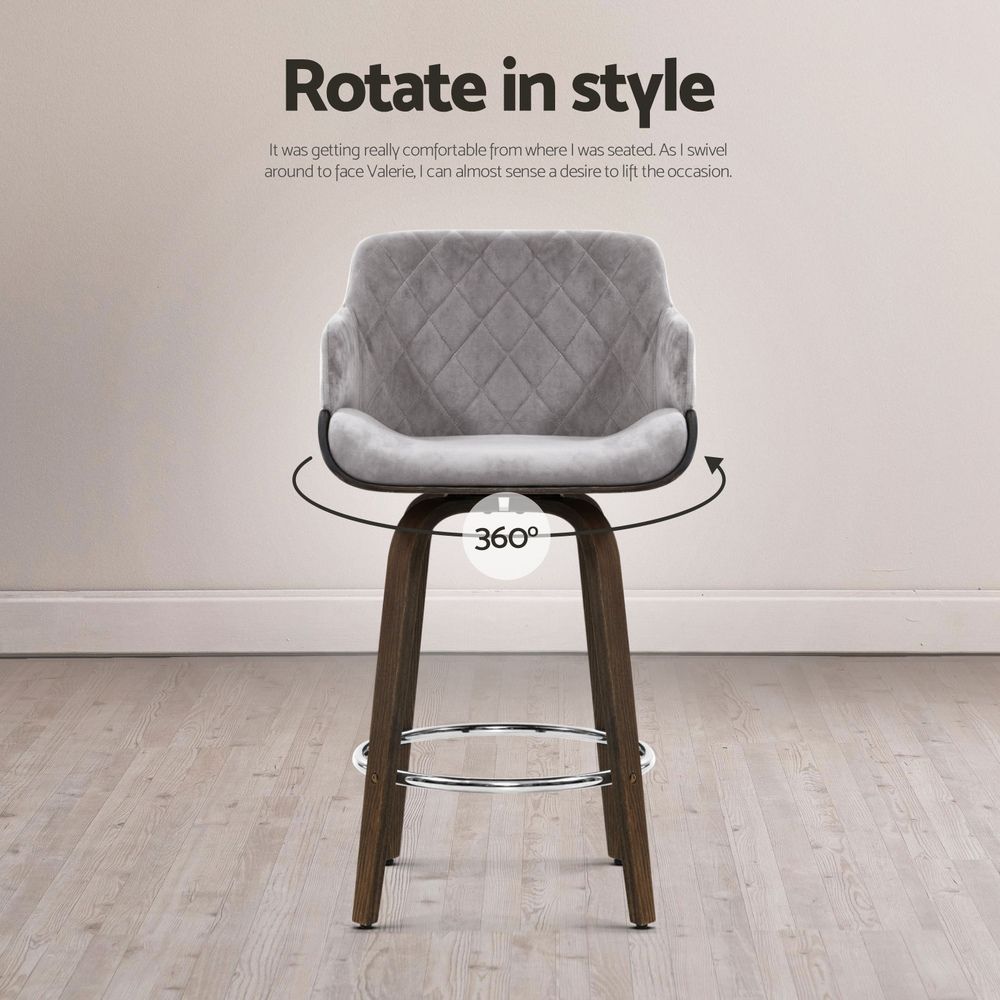 Set of 3 Velvet Bar Stools with Backrest Chrome Footrest Wooden Grey 70cm Seat