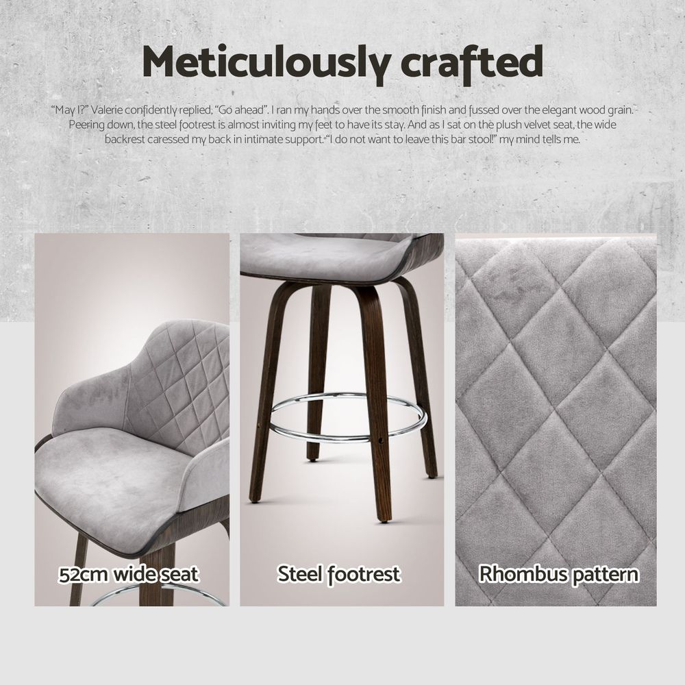 Set of 3 Velvet Bar Stools with Backrest Chrome Footrest Wooden Grey 70cm Seat