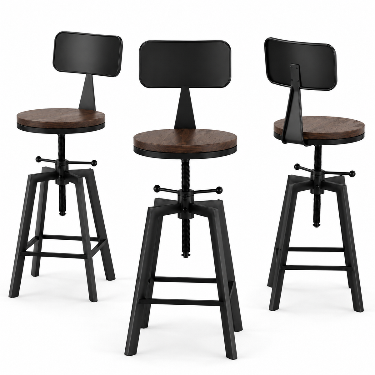 3 Piece Swivel Bar Stool Set with Backrest 63.5-79.5cm Adjustable Elm Wood Seat