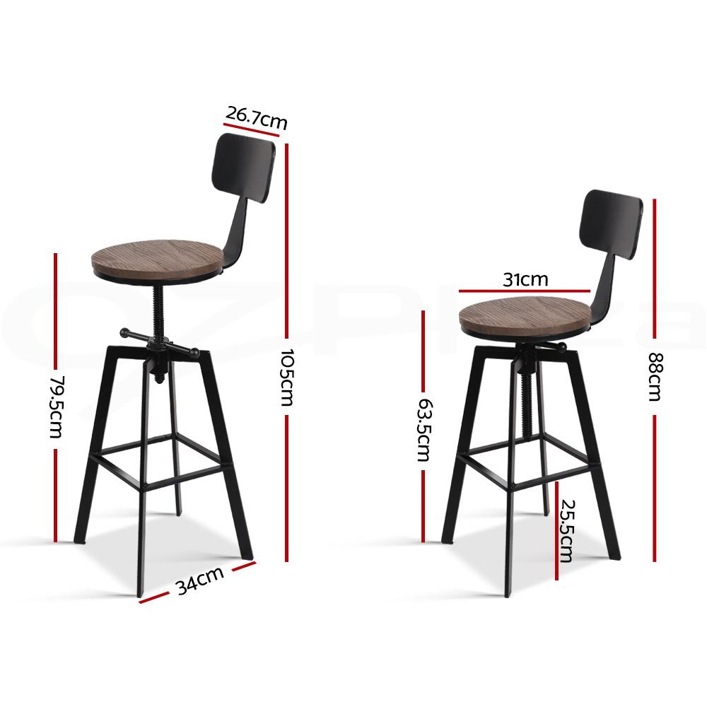 3 Piece Swivel Bar Stool Set with Backrest 63.5-79.5cm Adjustable Elm Wood Seat