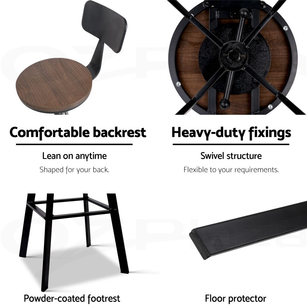 3 Piece Swivel Bar Stool Set with Backrest 63.5-79.5cm Adjustable Elm Wood Seat