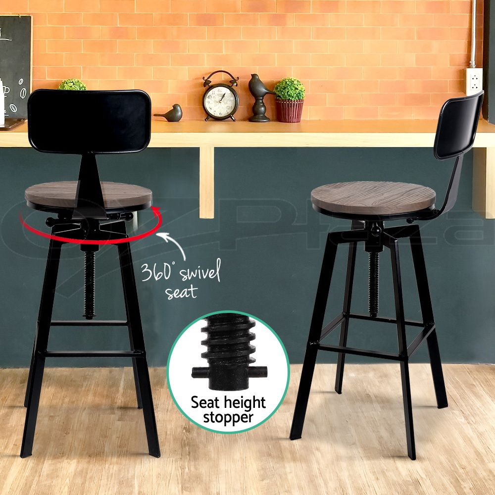 3 Piece Swivel Bar Stool Set with Backrest 63.5-79.5cm Adjustable Elm Wood Seat