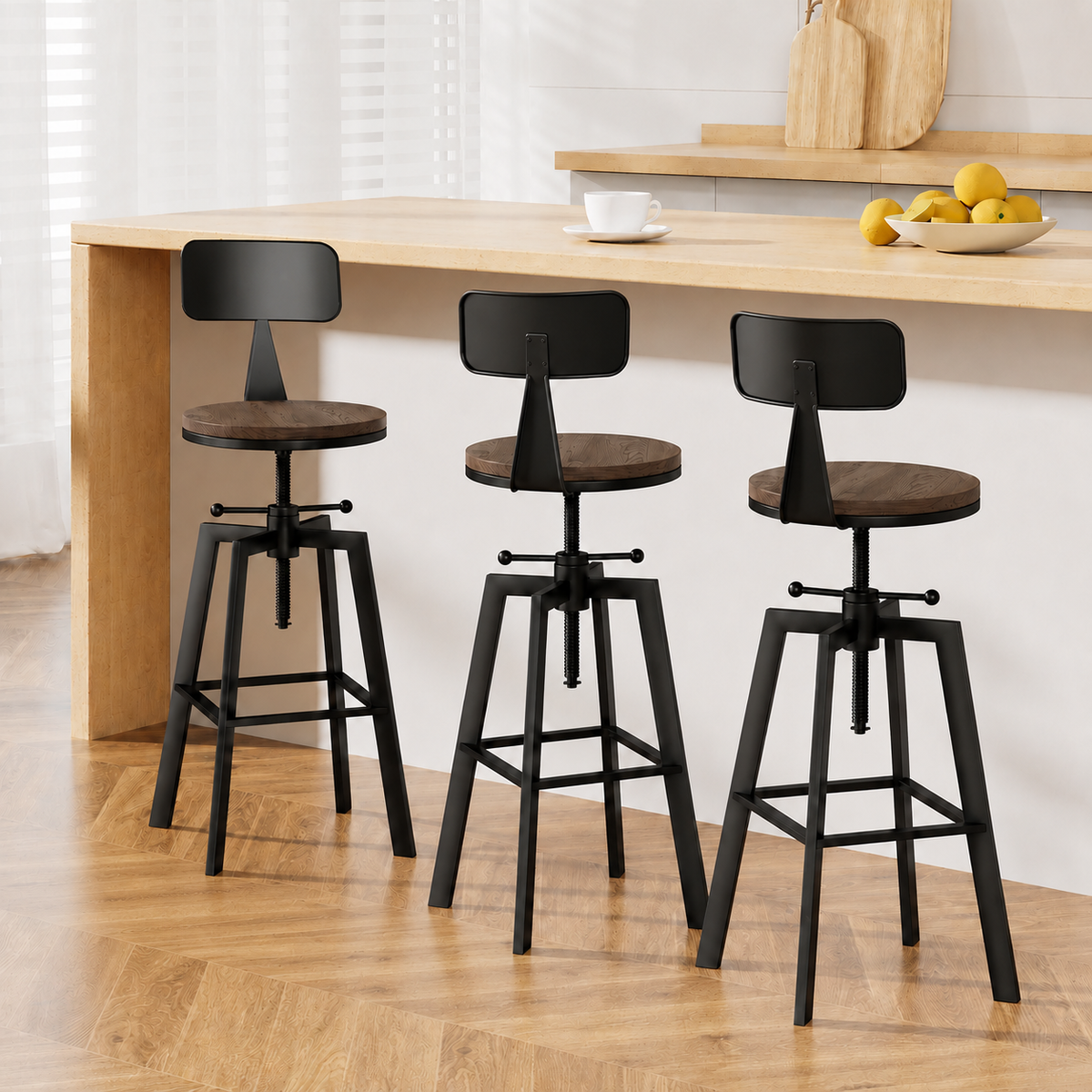 3 Piece Swivel Bar Stool Set with Backrest 63.5-79.5cm Adjustable Elm Wood Seat