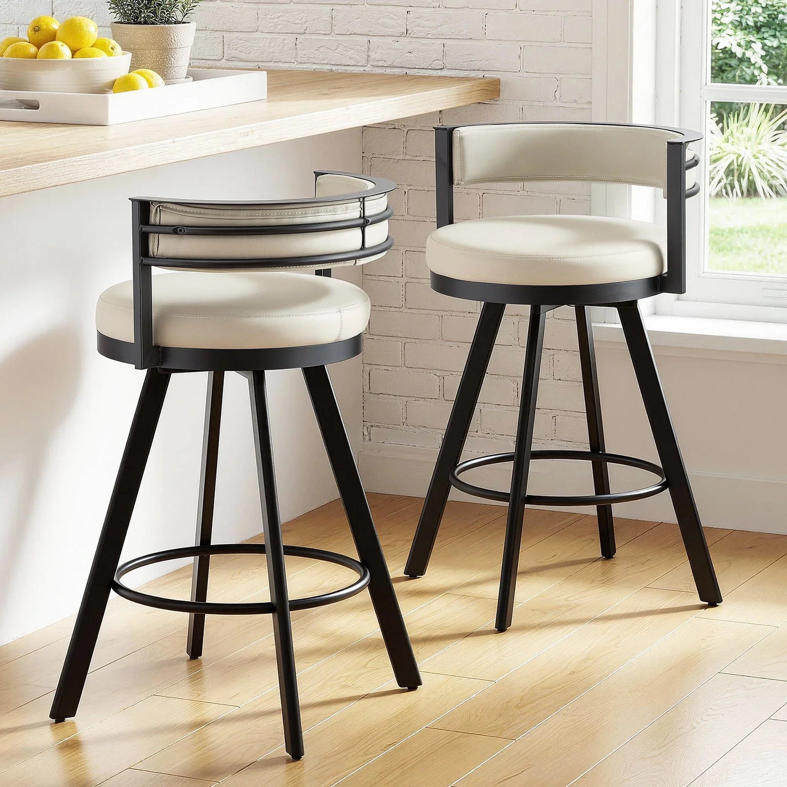Bar Stools Set of 2 Swivel Kitchen Chair Metal Counter Beige Leather