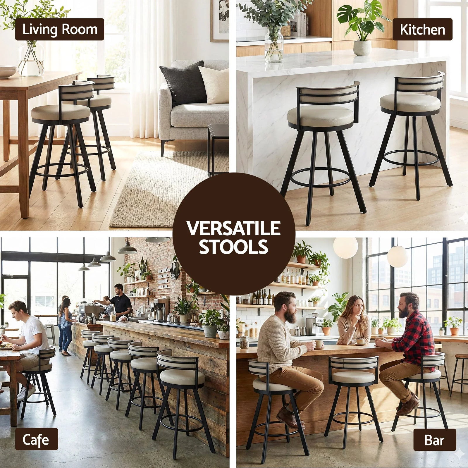 Bar Stools Set of 4 Swivel Kitchen Chair Metal Counter Beige Leather