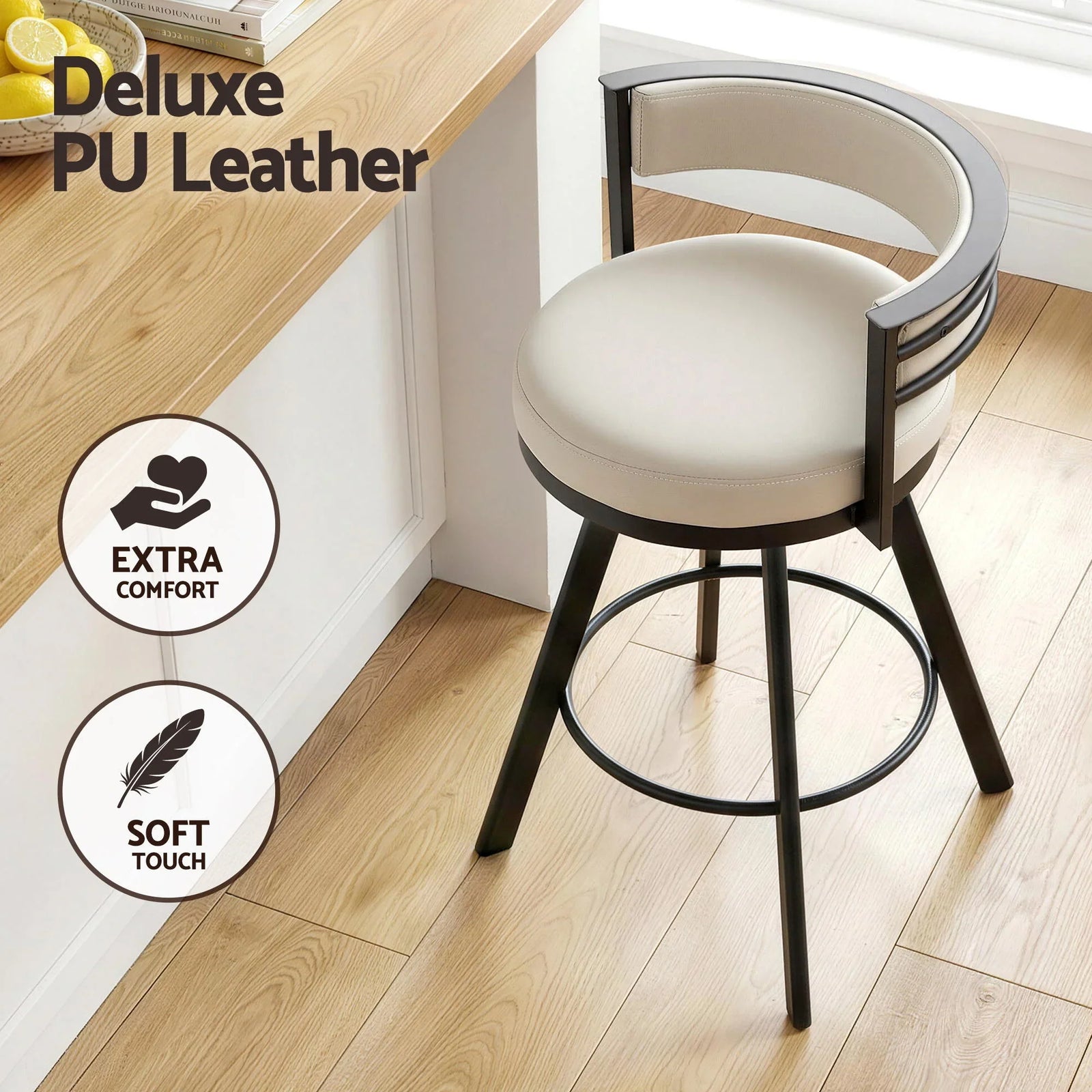 Bar Stools Set of 4 Swivel Kitchen Chair Metal Counter Beige Leather