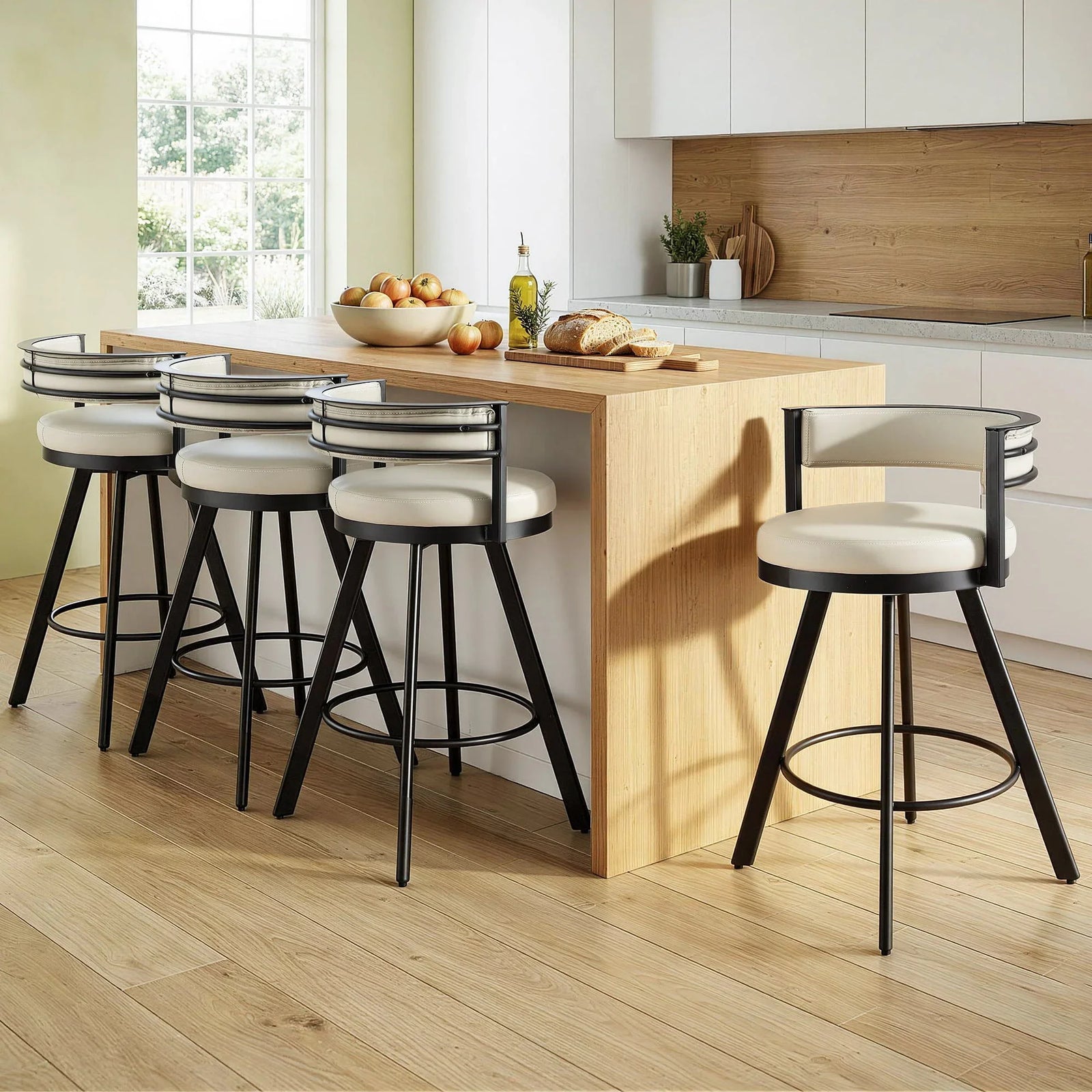 Bar Stools Set of 4 Swivel Kitchen Chair Metal Counter Beige Leather