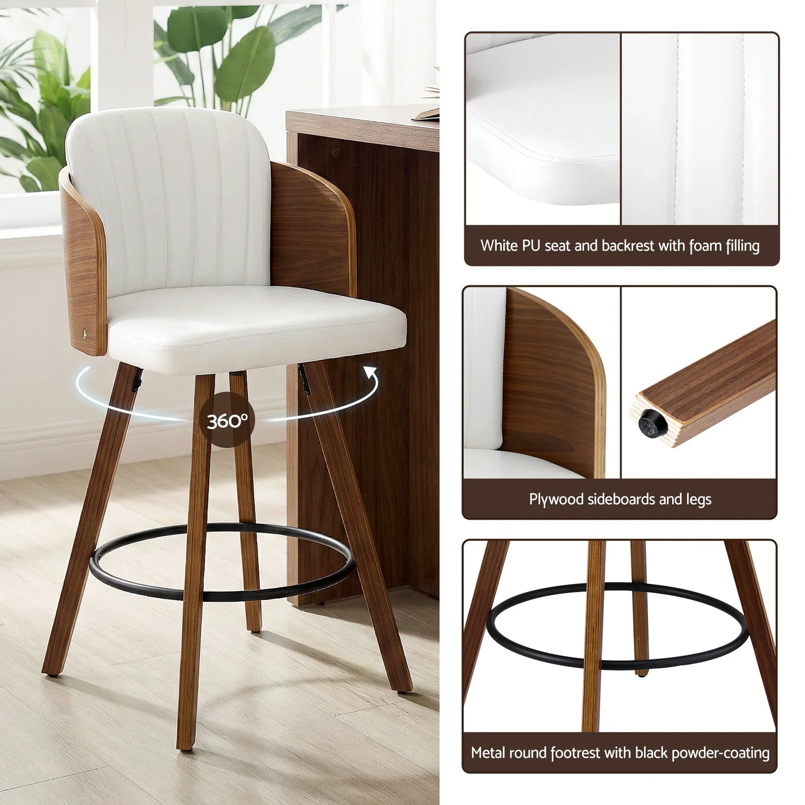 Wooden Bar Stools Swivel Kitchen Counter Stool Chair 58cm Seat Height