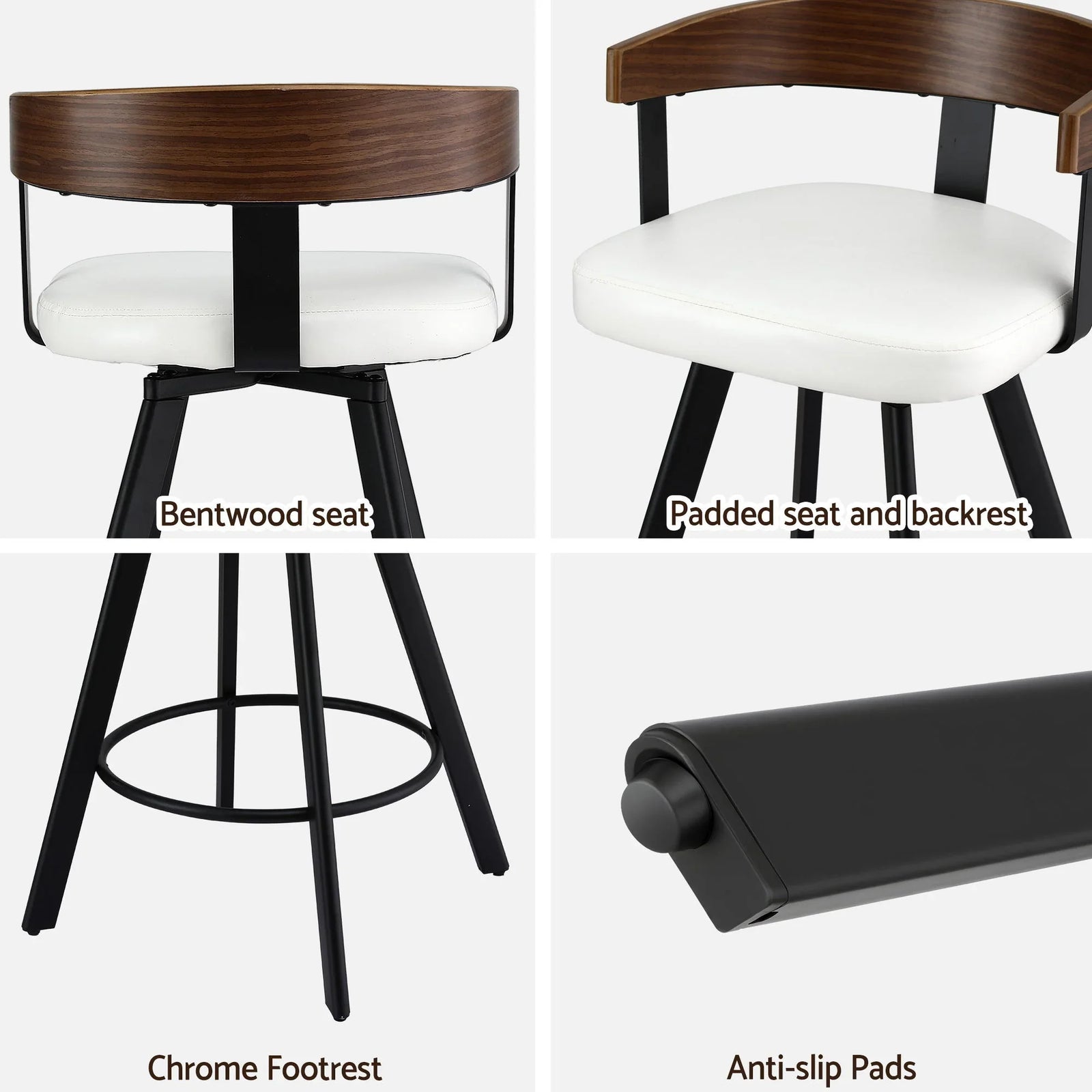 Bar Stool Swivel Metal Legs Kitchen Chair Bentwood Counter Leather White