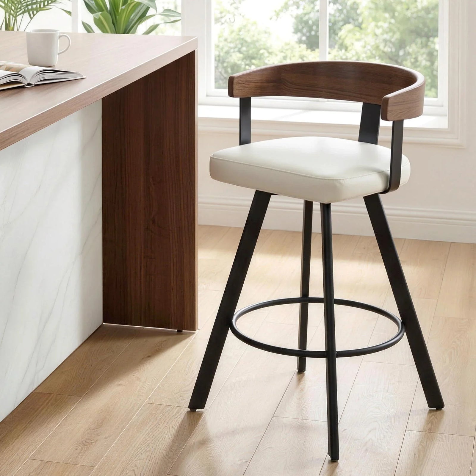 Bar Stool Swivel Metal Legs Kitchen Chair Bentwood Counter Leather White