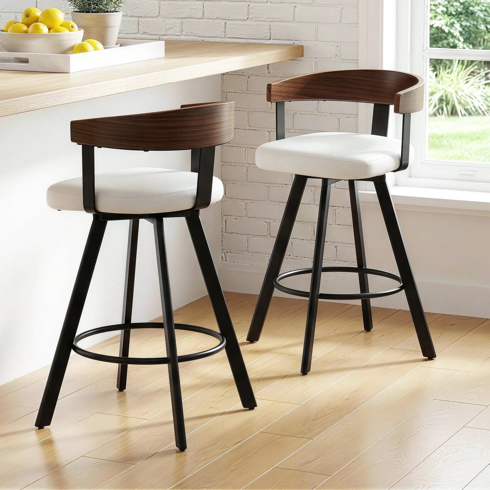 2x  Bar Stools Swivel Kitchen Chairs Metal Legs Bentwood Counter White PU