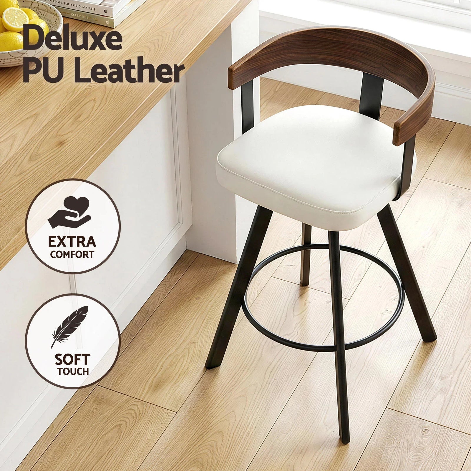4x  Bar Stools Swivel Kitchen Chairs Metal Legs Bentwood Counter White PU