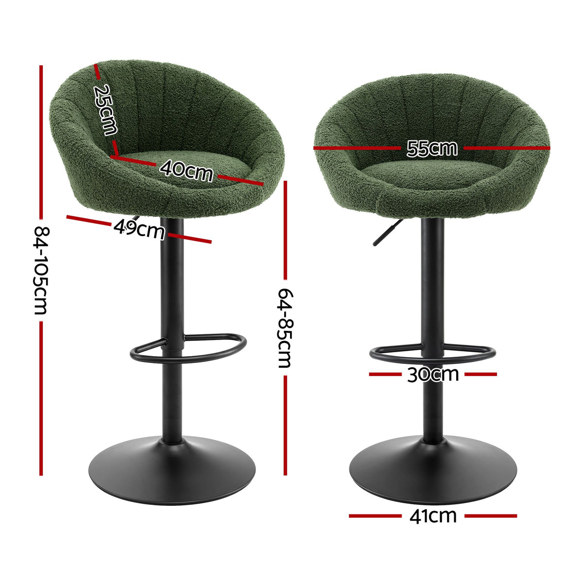 Artiss 2x Bar Stools Kitchen Chairs Gas Lift Adjustable Round Shell Boucle Green