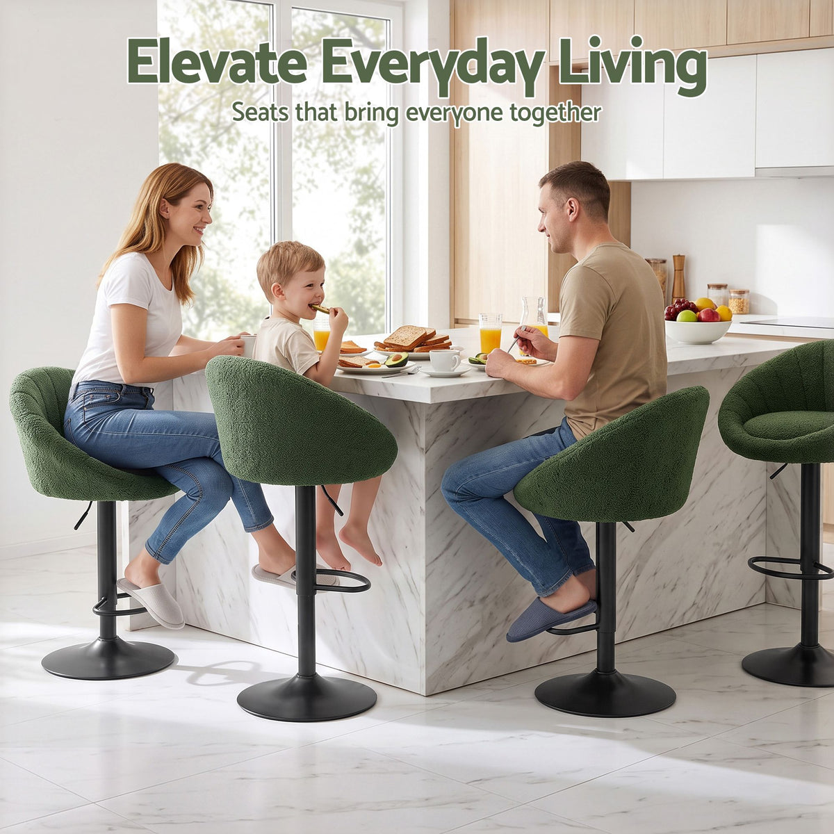 Artiss 2x Bar Stools Kitchen Chairs Gas Lift Adjustable Round Shell Boucle Green
