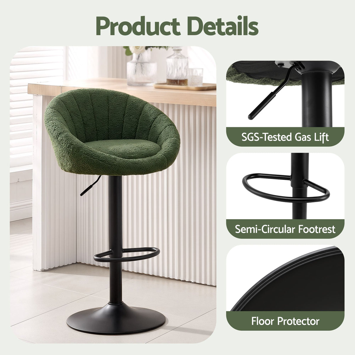 Artiss 2x Bar Stools Kitchen Chairs Gas Lift Adjustable Round Shell Boucle Green