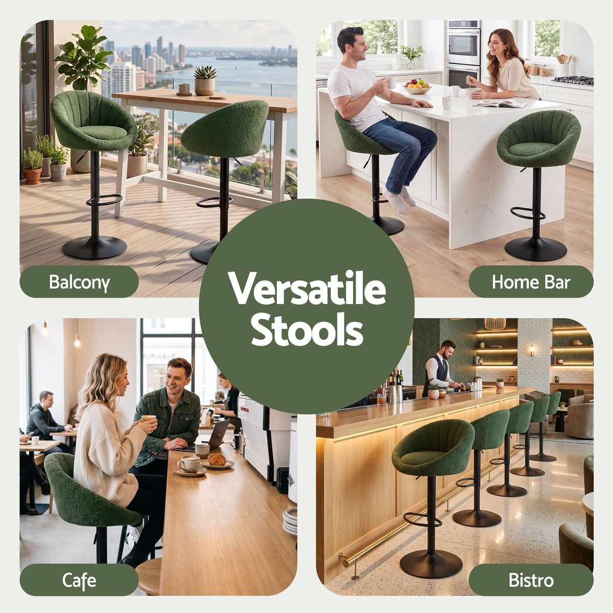 Artiss 2x Bar Stools Kitchen Chairs Gas Lift Adjustable Round Shell Boucle Green