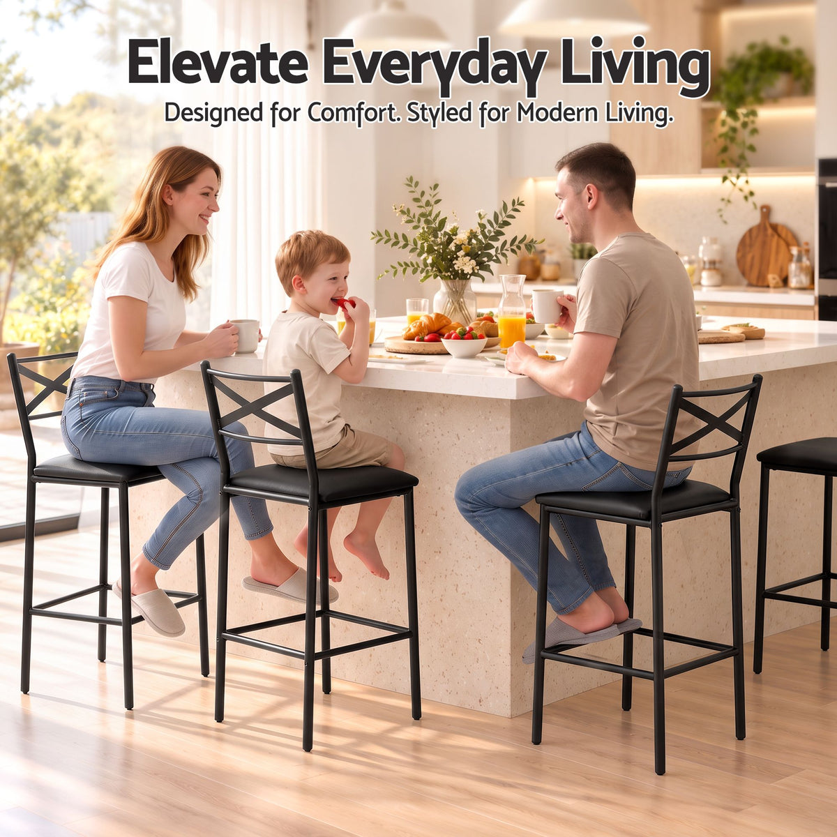Artiss Bar Stools Set of 2 Counter 66cm Height Stools with Backrest, PU Cushioned Seat, Black