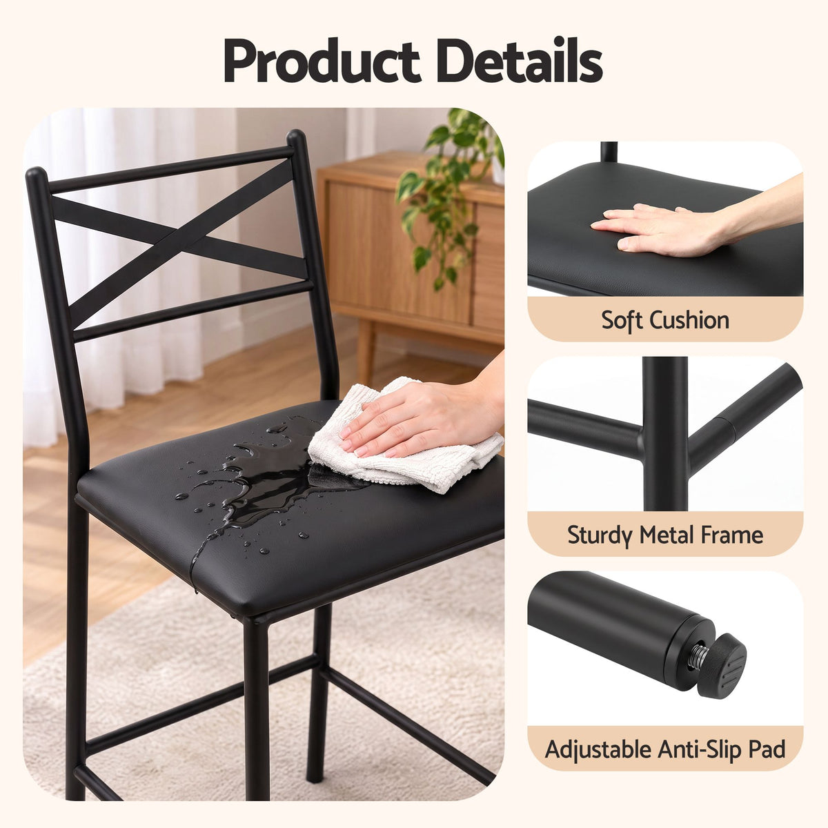 Artiss Bar Stools Set of 4 Counter 66cm Height Stools with Backrest, PU Cushioned Seat, Black