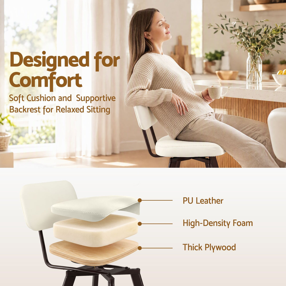 Artiss Bar Stools Set of 4 Swivel Counter 68cm Height Stools w/ Padded Backrest Beige