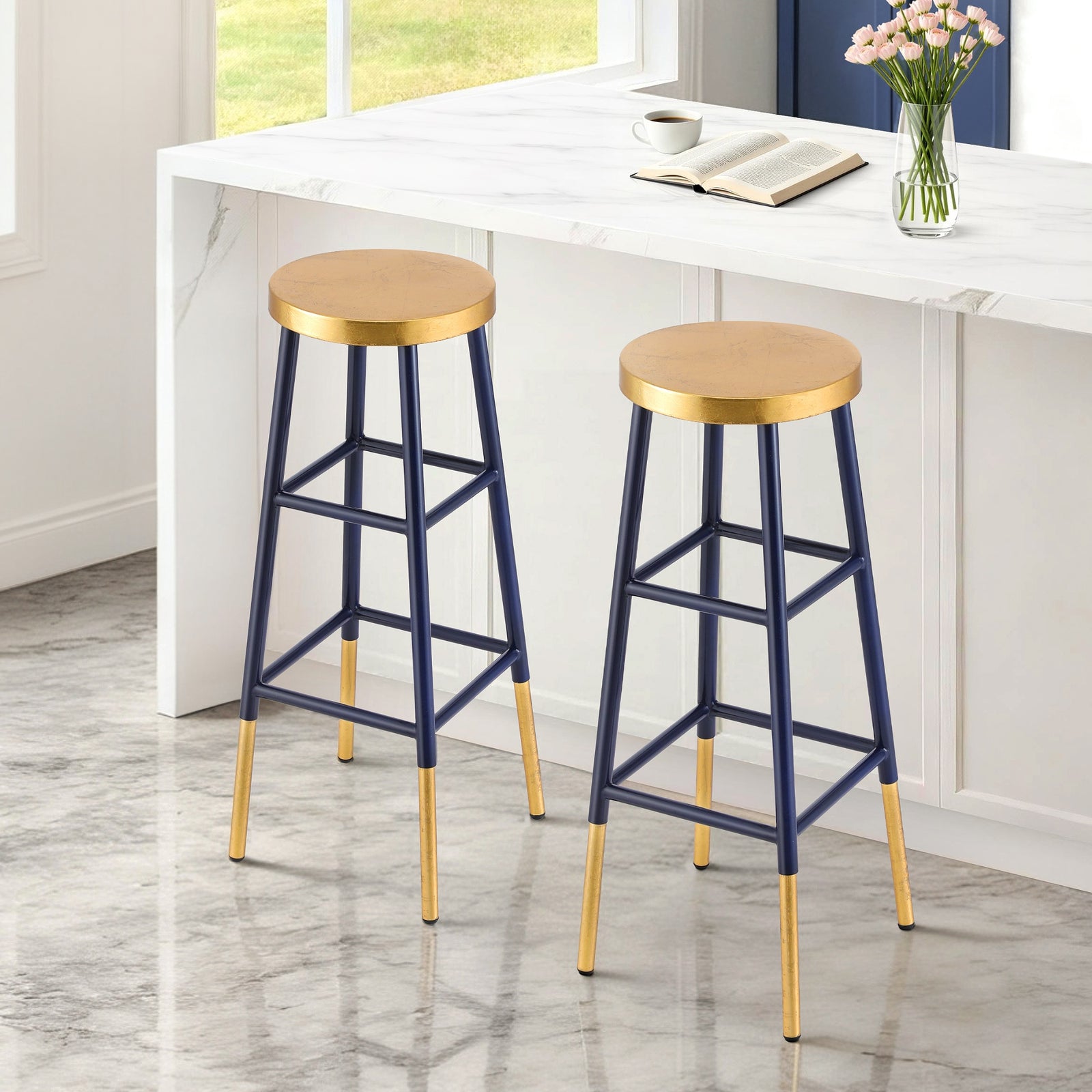 2x Bar Stools Metal Gold Navy