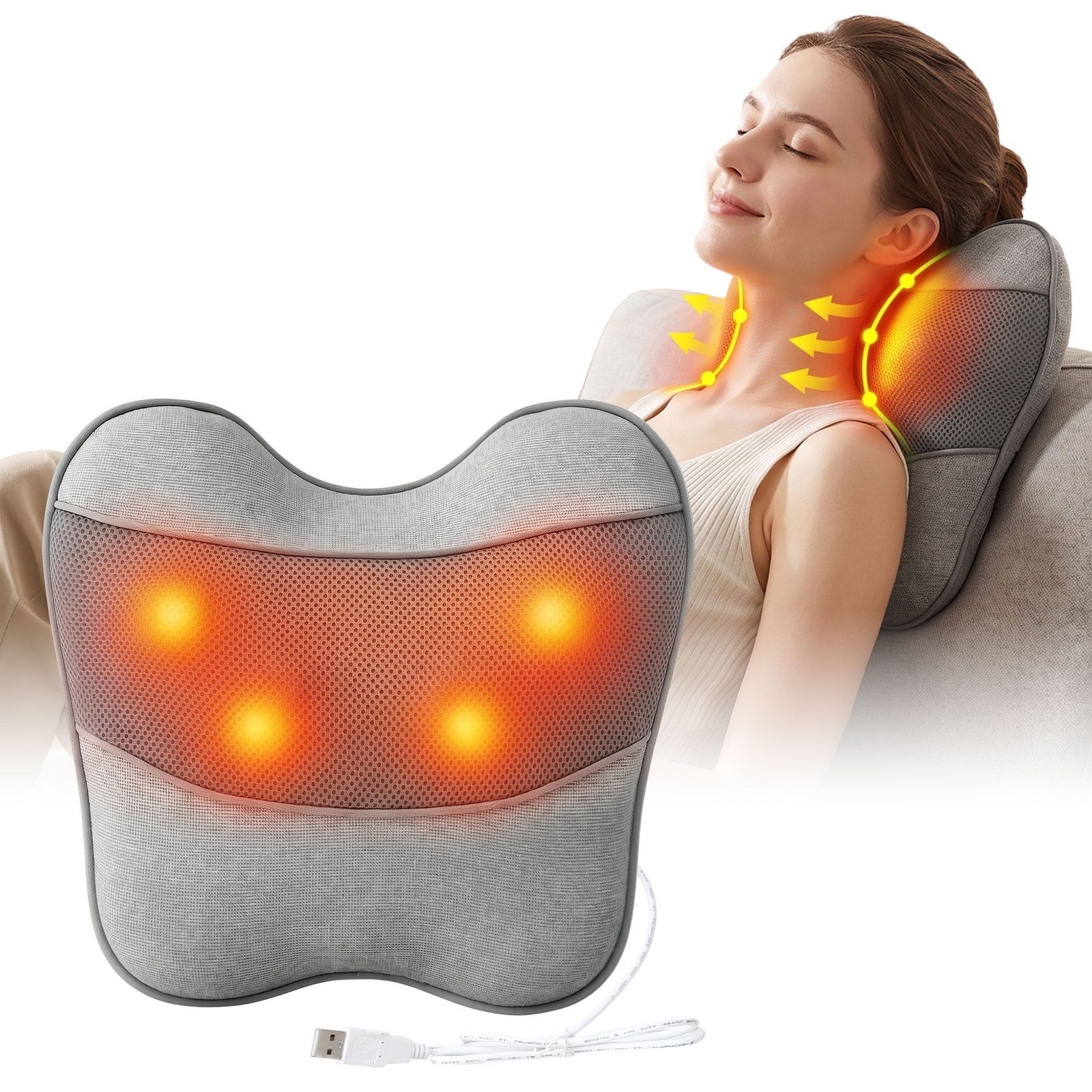 Massage Pillow – Heat, 3‑Speed Kneading, USB/2000mAh, 34×32cm, Grey