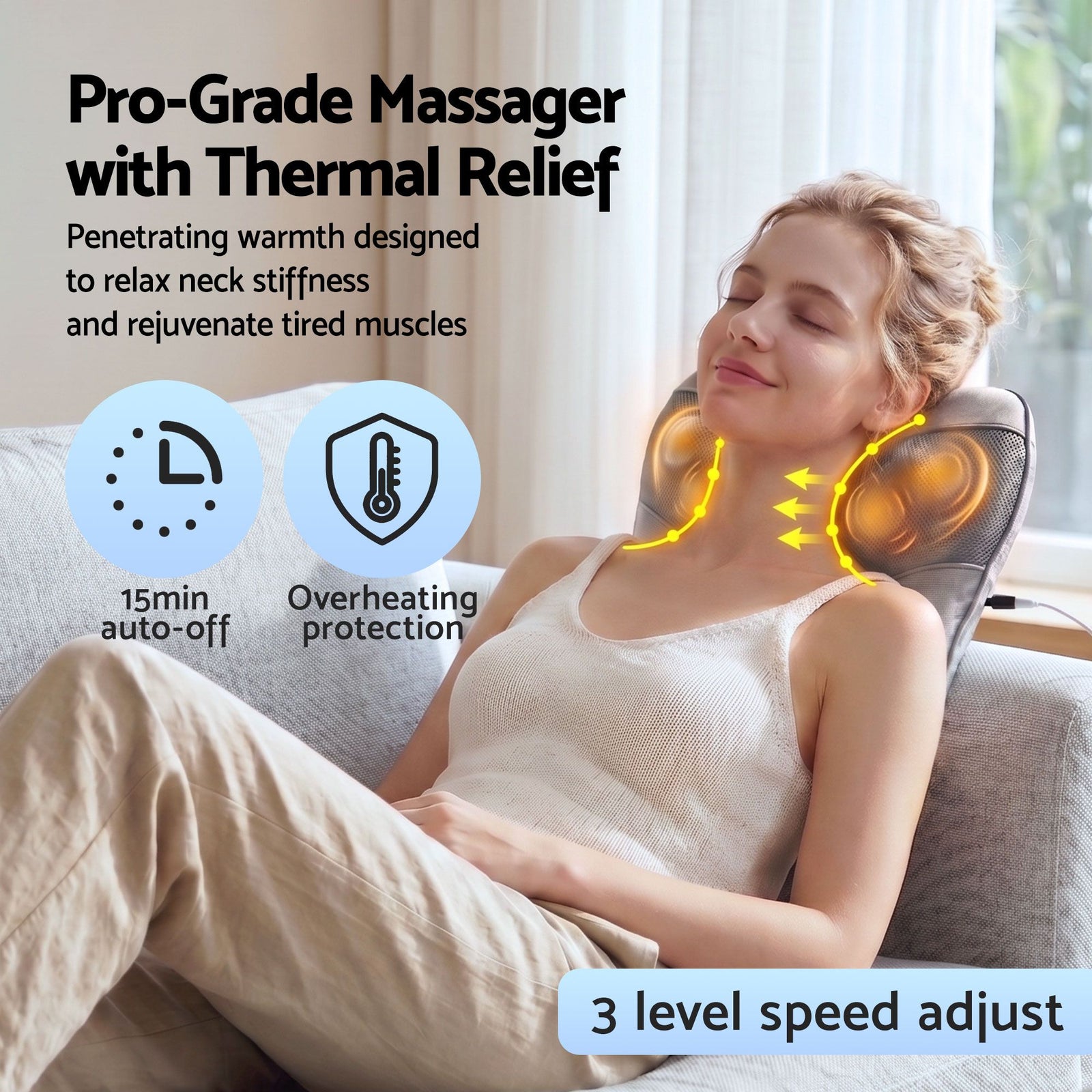 Massage Pillow – Heat, 3‑Speed Kneading, USB/2000mAh, 34×32cm, Grey