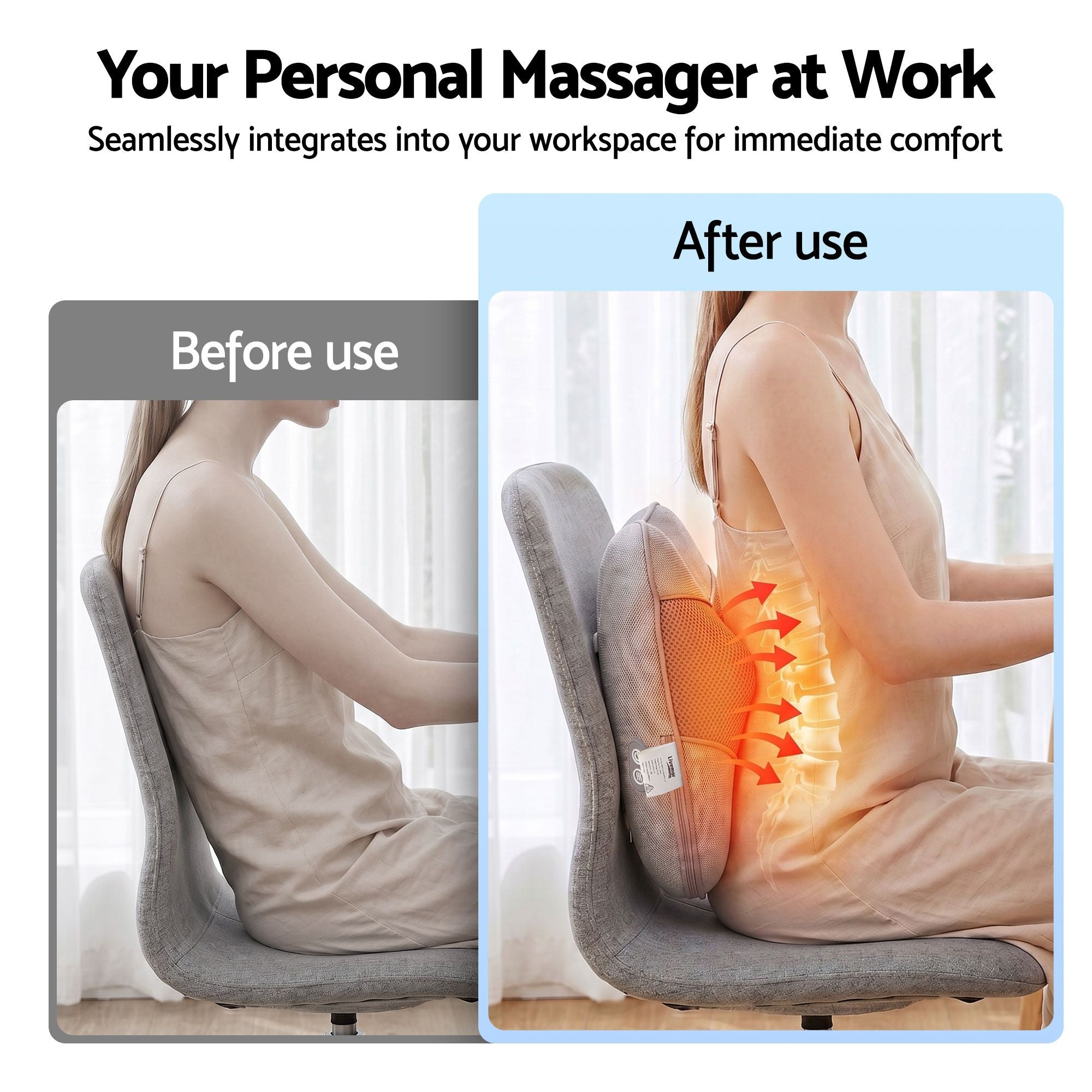Massage Pillow – Heat, 3‑Speed Kneading, USB/2000mAh, 34×32cm, Grey
