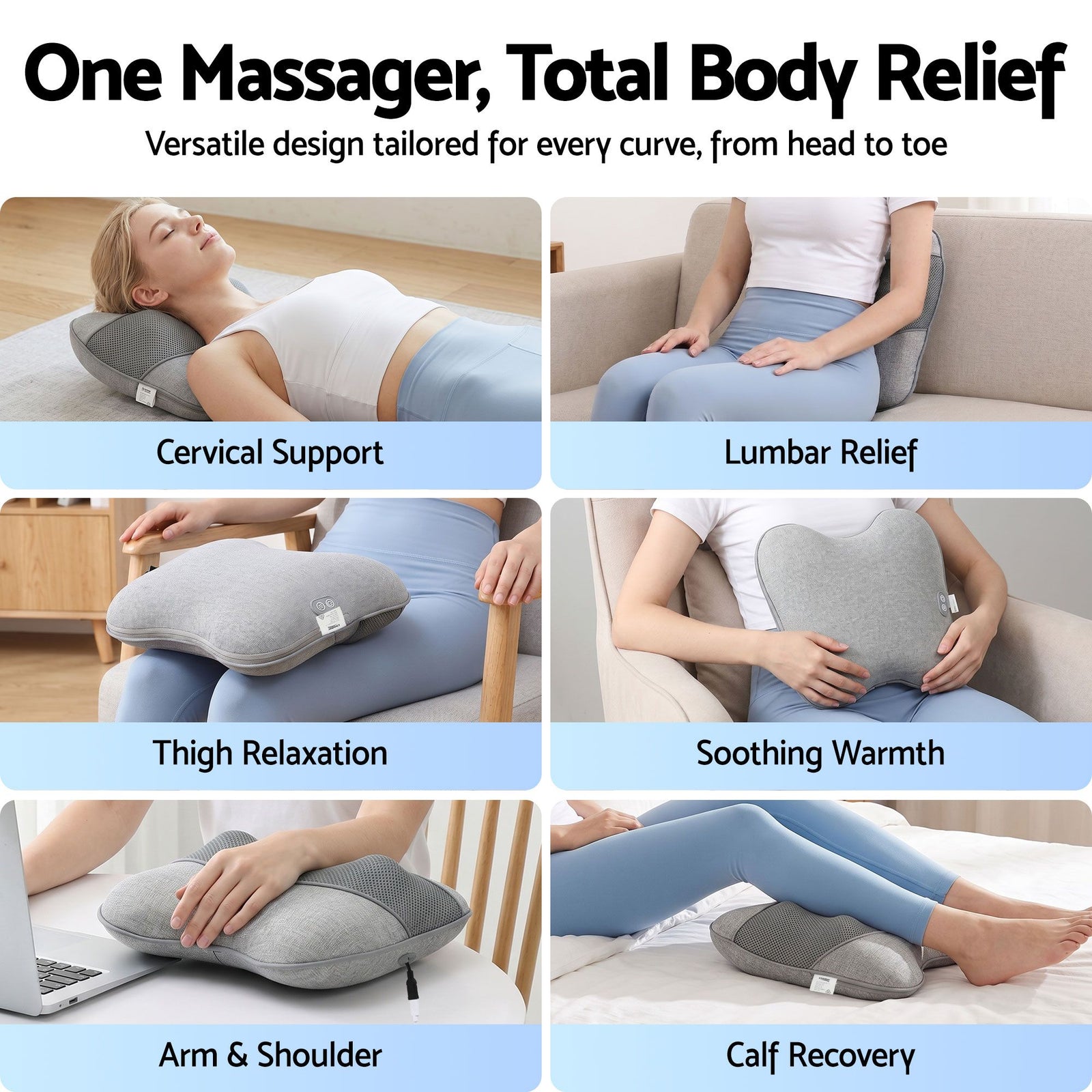 Massage Pillow – Heat, 3‑Speed Kneading, USB/2000mAh, 34×32cm, Grey