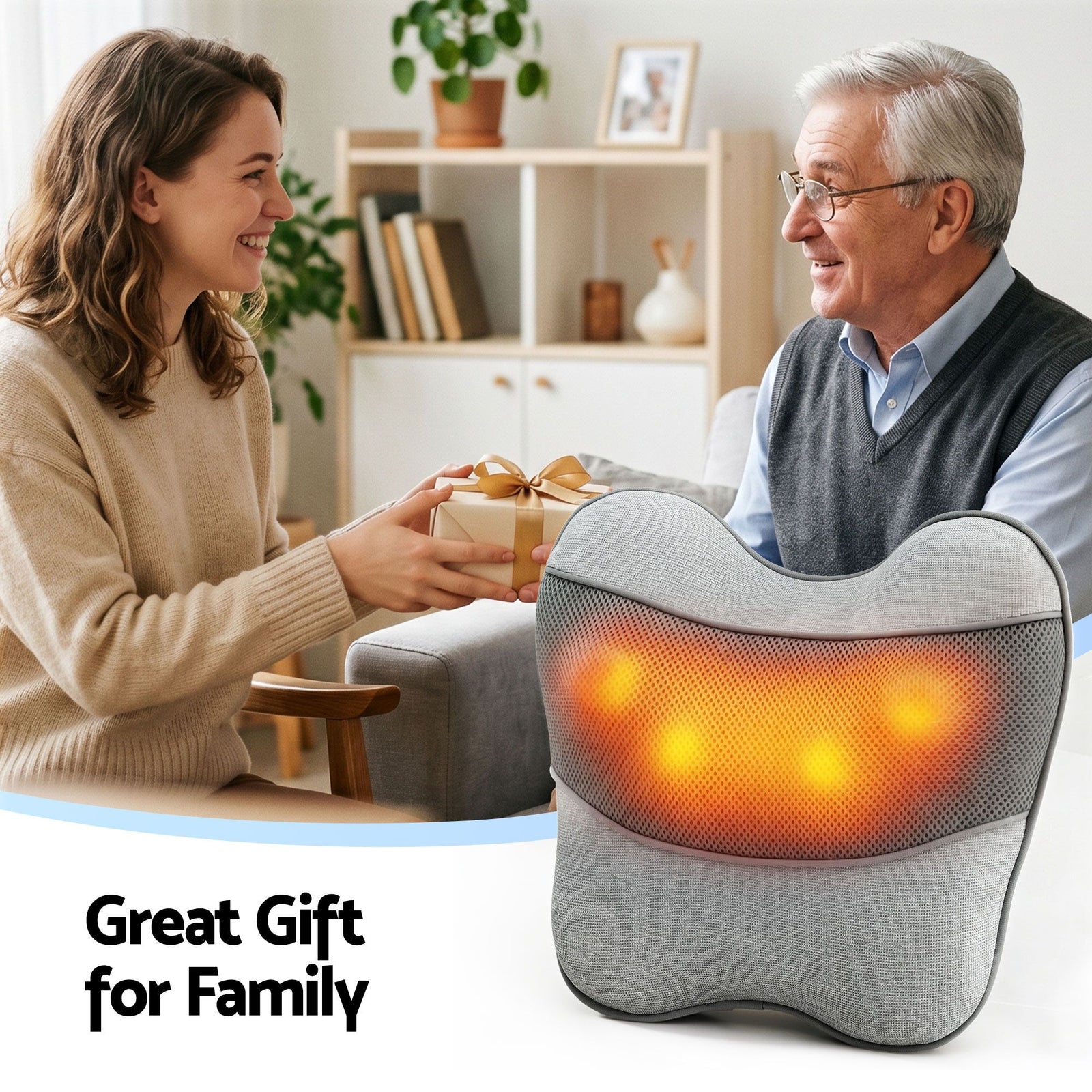 Massage Pillow – Heat, 3‑Speed Kneading, USB/2000mAh, 34×32cm, Grey