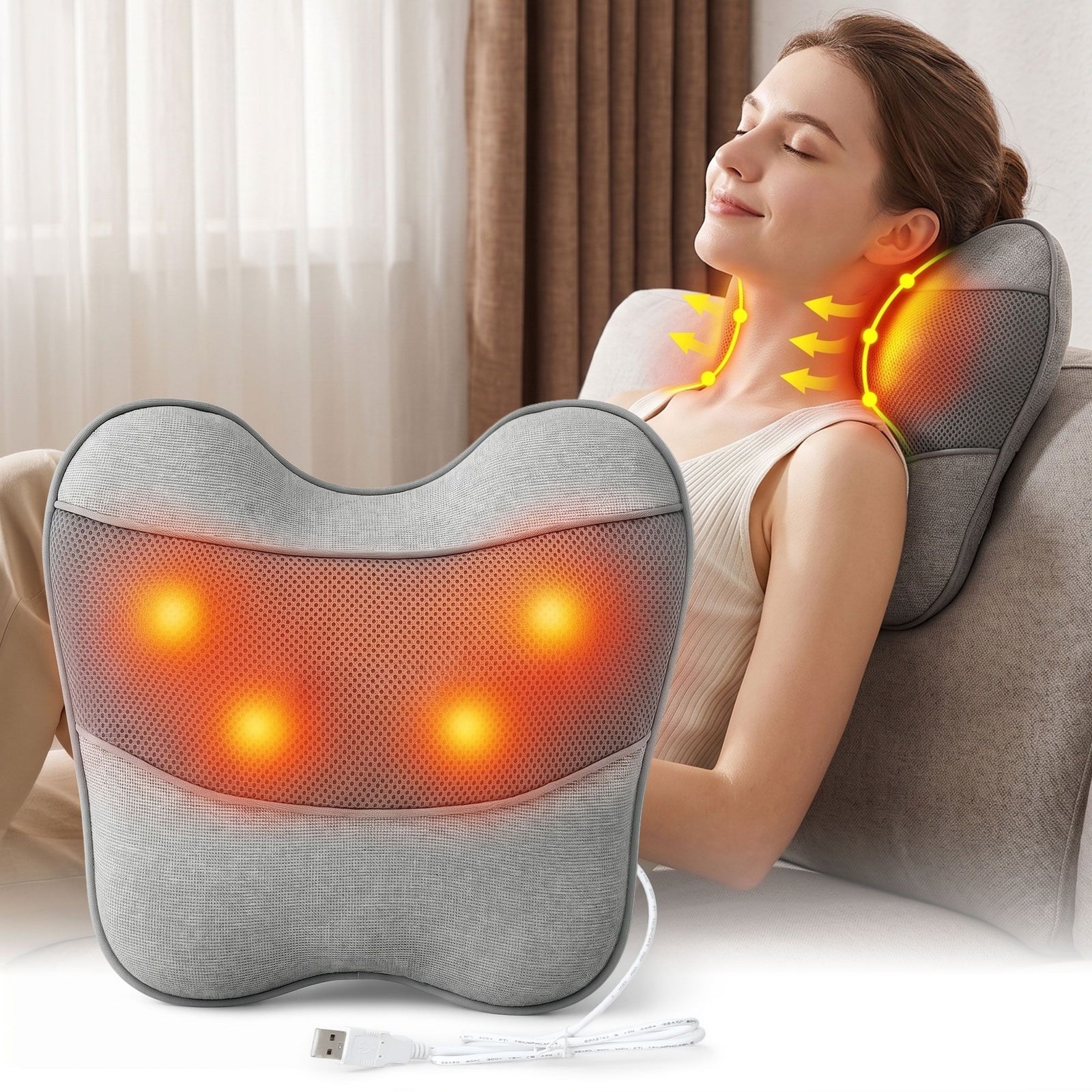 Massage Pillow – Heat, 3‑Speed Kneading, USB/2000mAh, 34×32cm, Grey