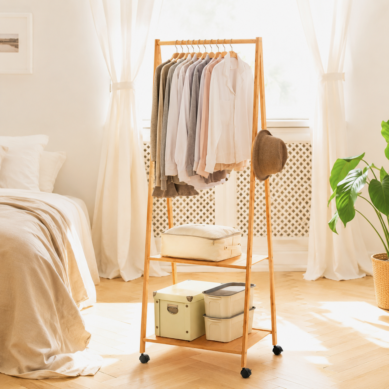 Artiss Bamboo Clothes Rack Coat Stand with Shelves & Wheels 165cm