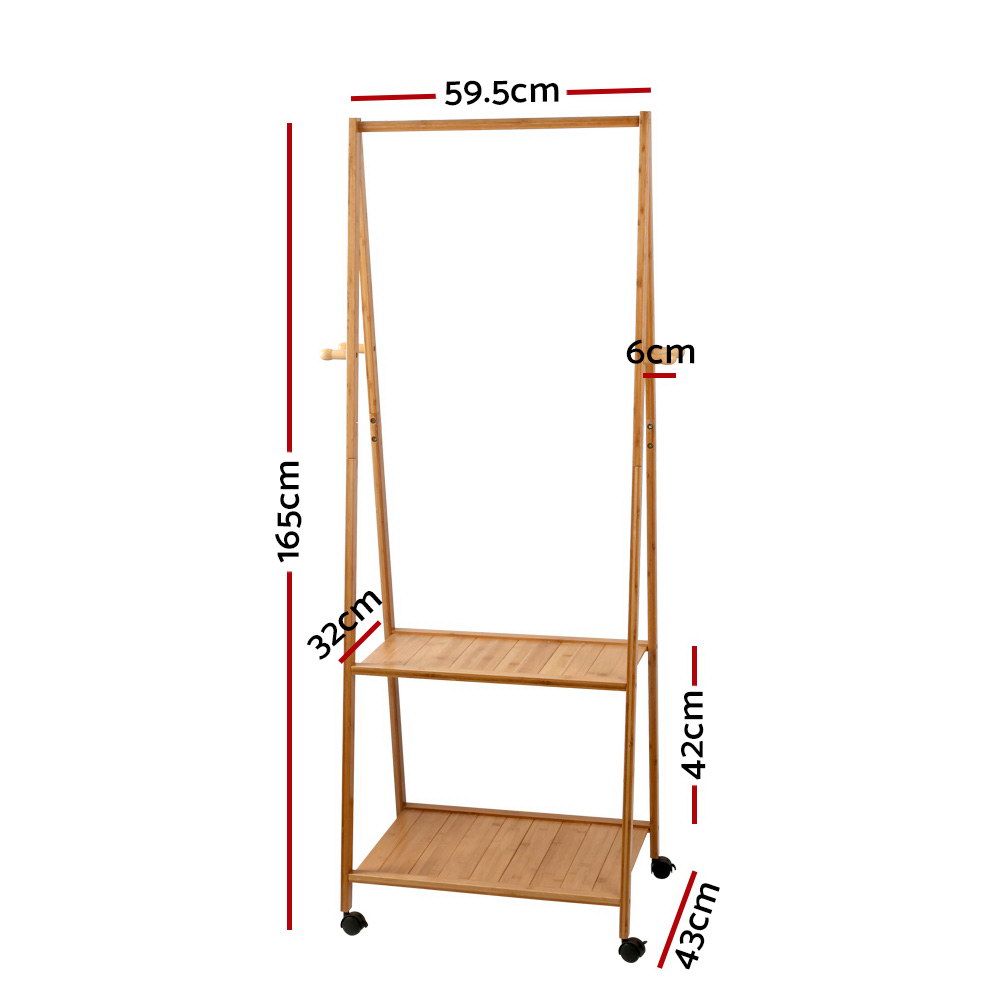 Artiss Bamboo Clothes Rack Coat Stand with Shelves & Wheels 165cm