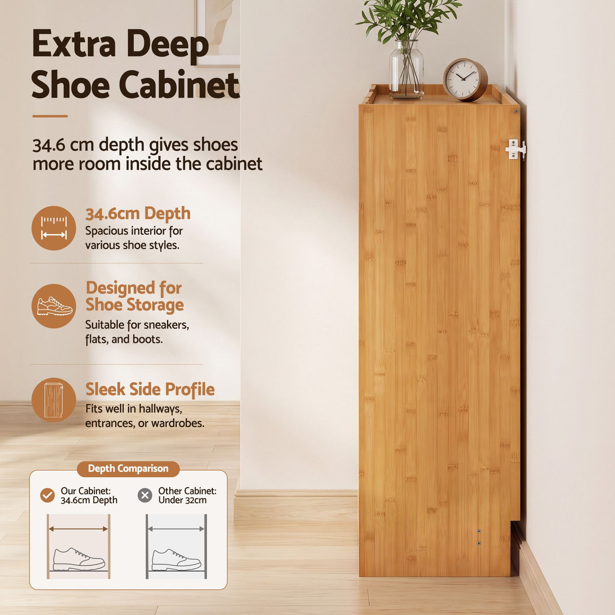 Artiss Shoe Cabinet Versatile Door 24 Pairs Shoe Storage Cupboard Bamboo