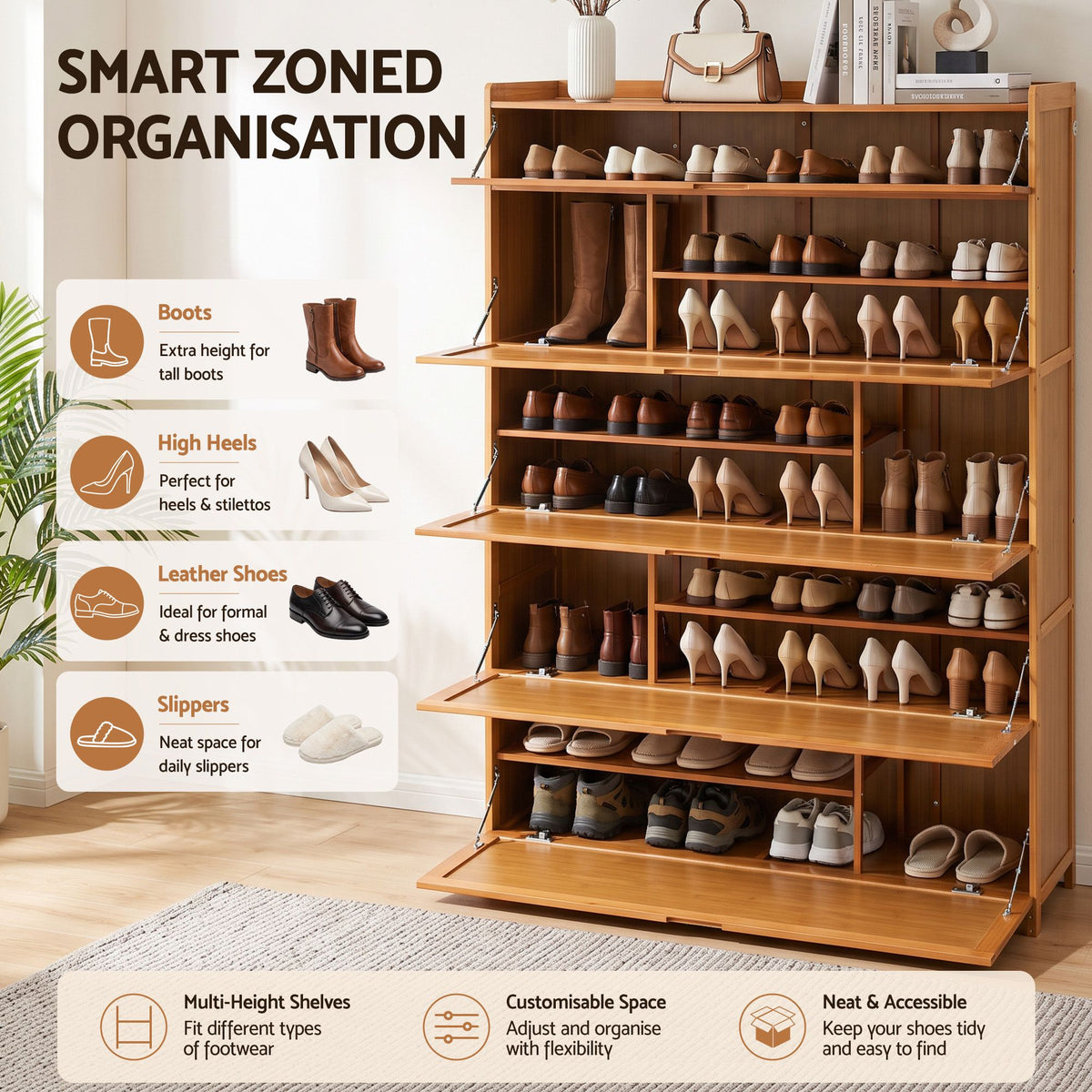 Artiss Shoe Cabinet Multi-Height Shelves 28 Pairs Shoe Storage Cupboard Wood