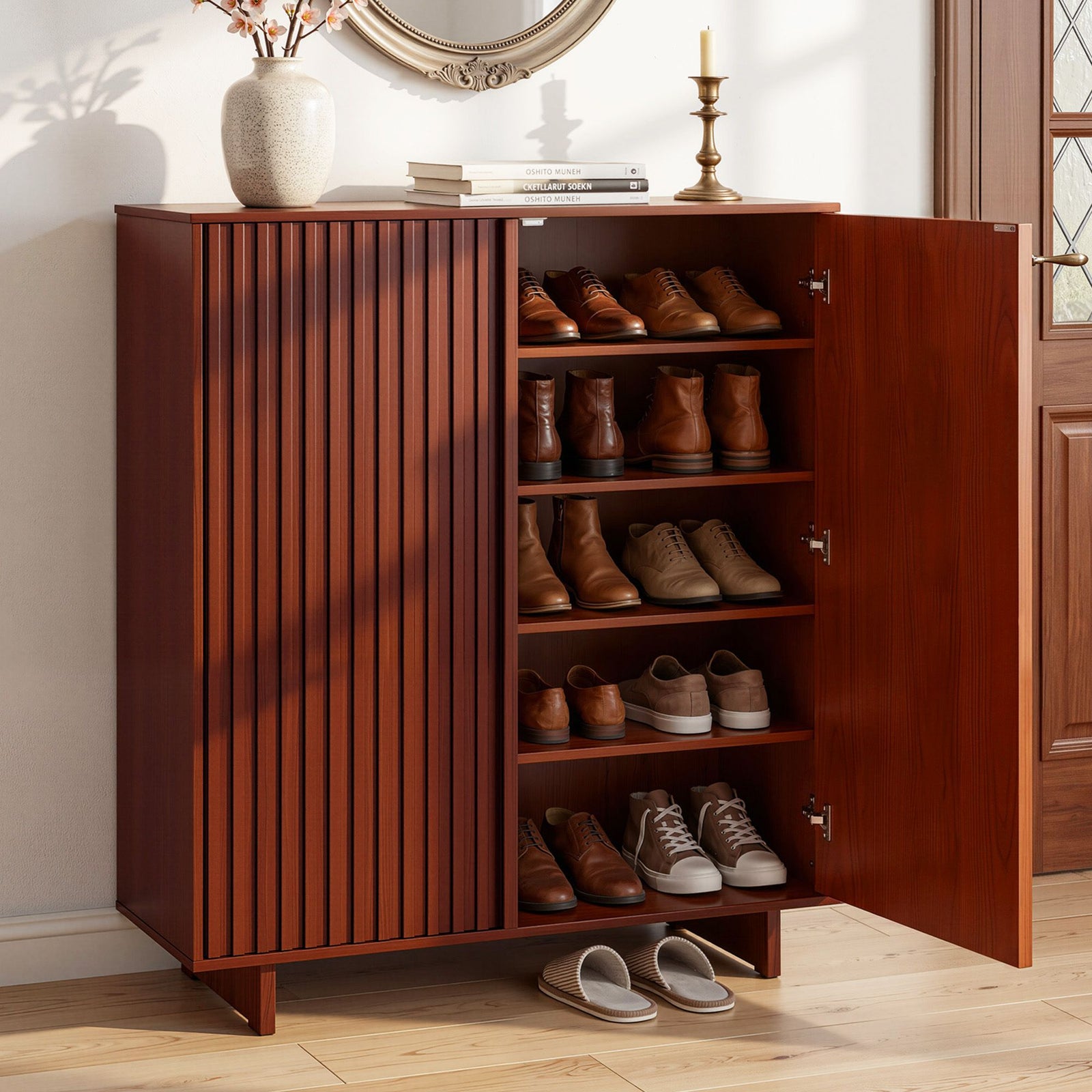 Shoe Cabinet 5 Tier Storage Organiser w/ Adjustable Shelves Bamboo