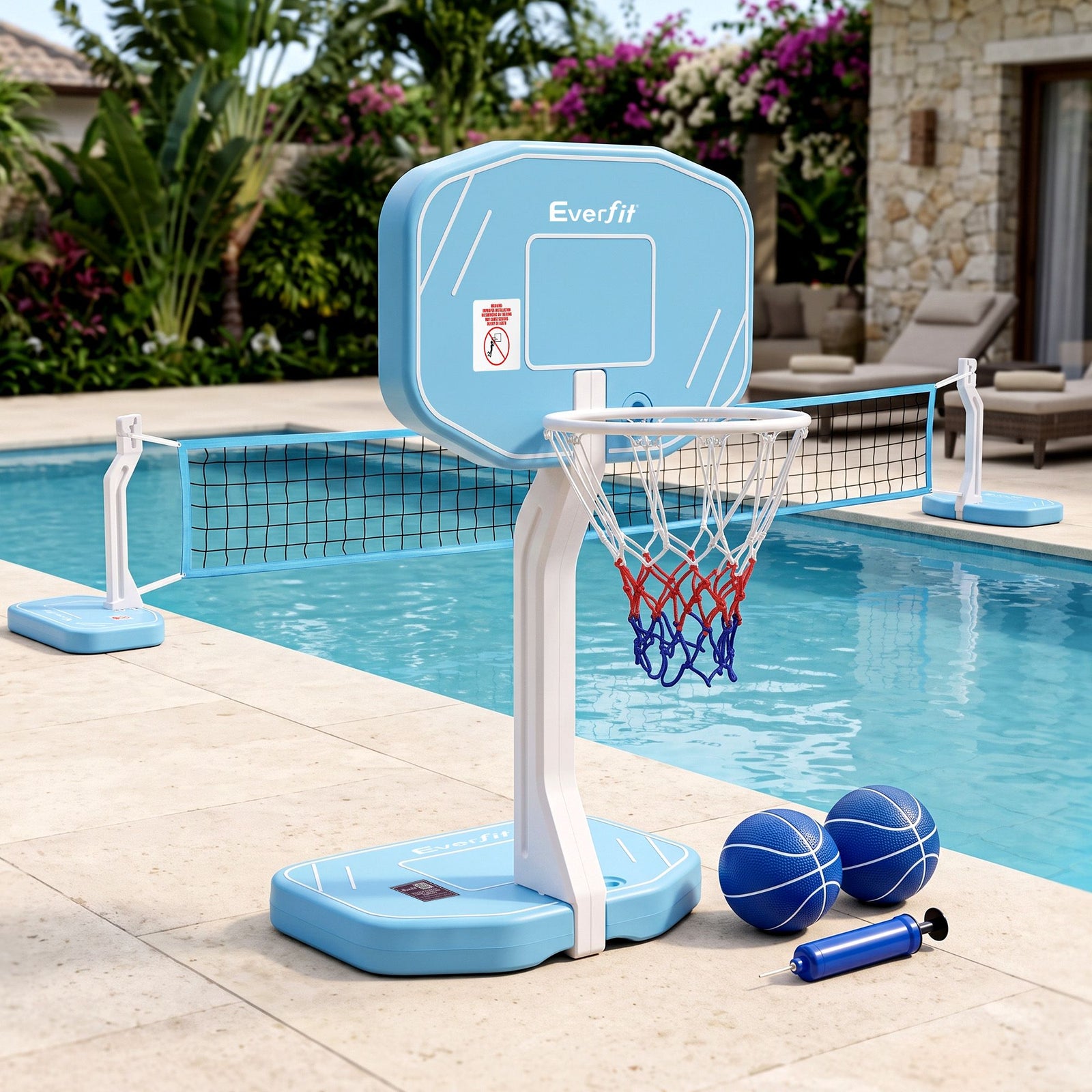 2 in 1 Pool Basketball Hoop Volleyball Net Set Water Sports Game Blue Set