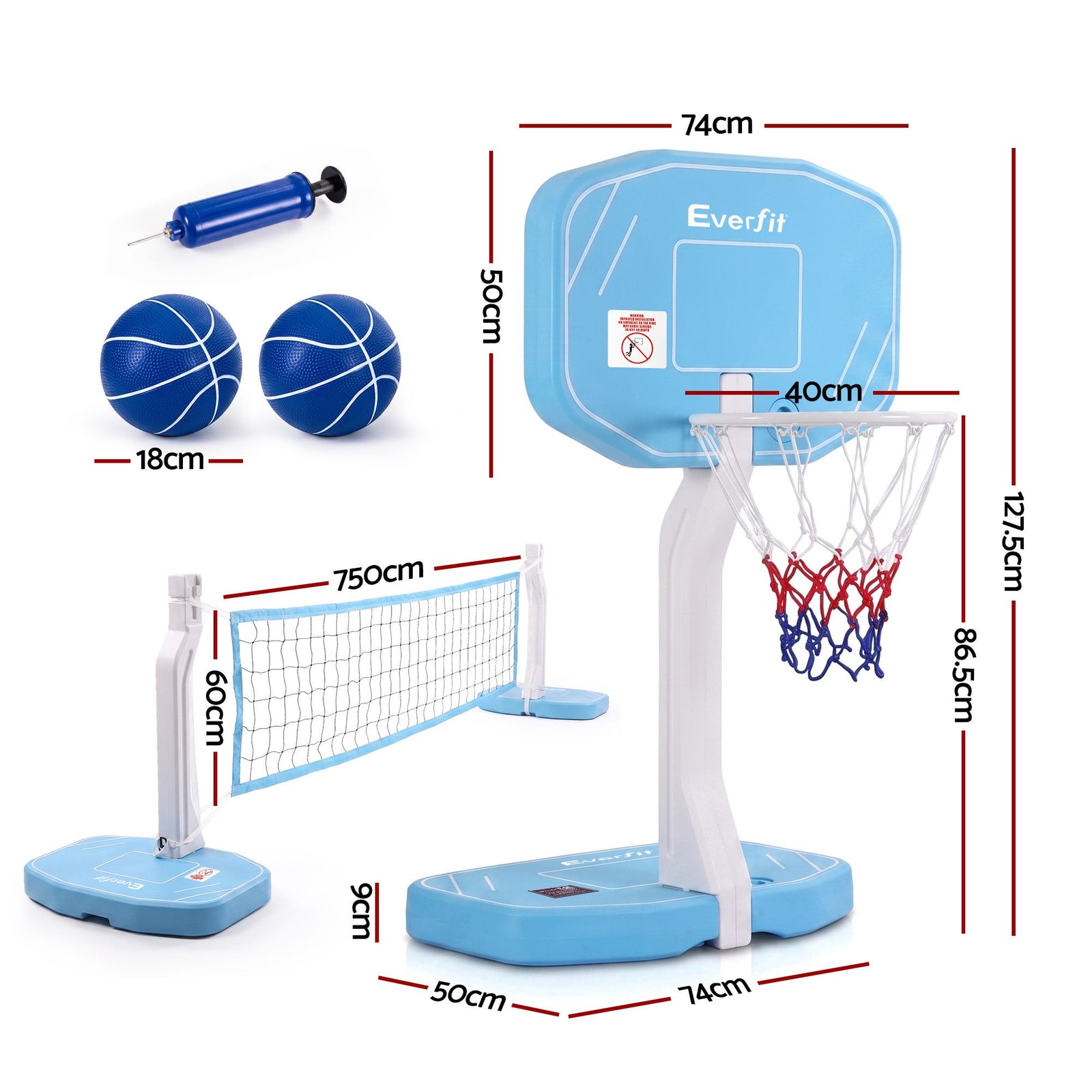 2 in 1 Pool Basketball Hoop Volleyball Net Set Water Sports Game Blue Set