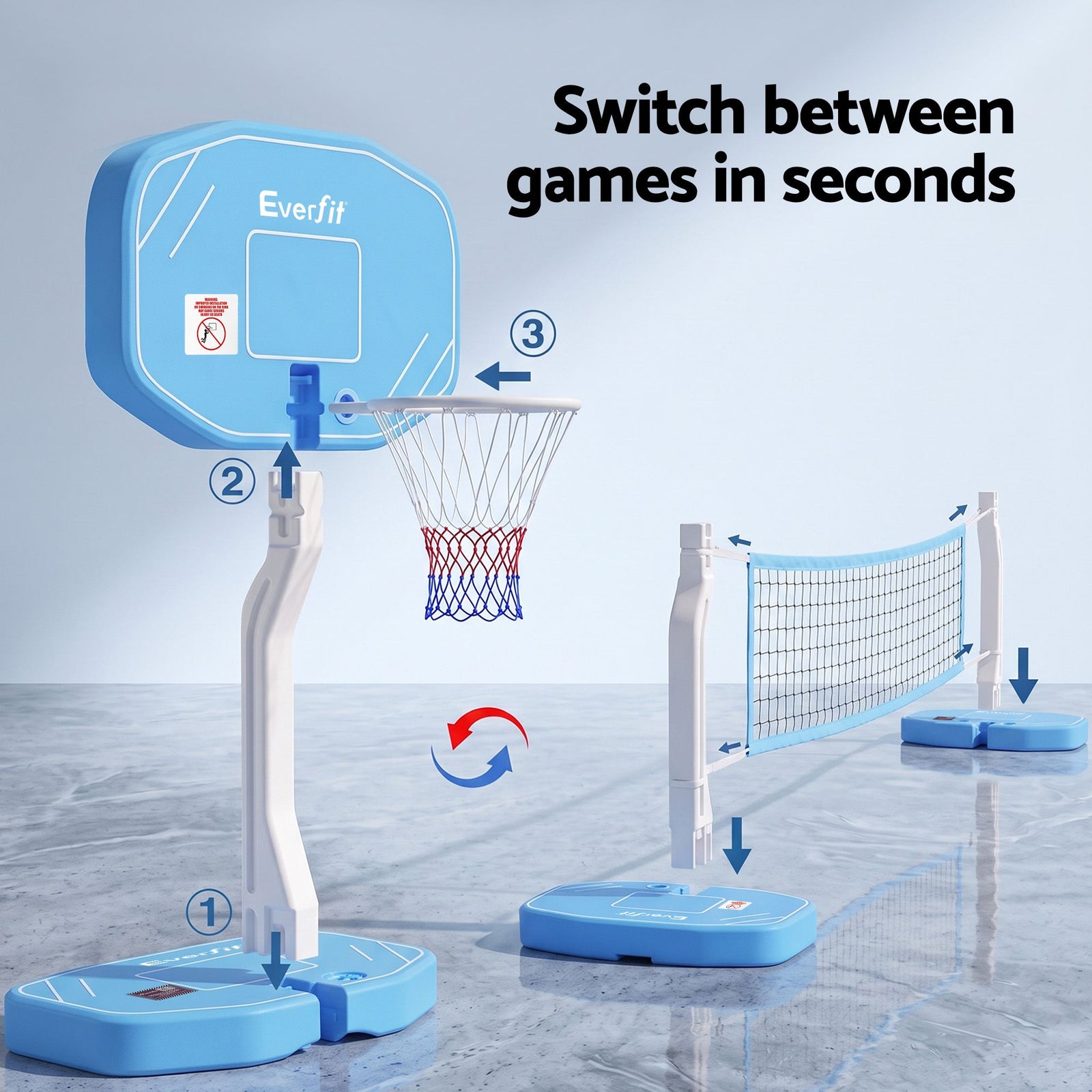 2 in 1 Pool Basketball Hoop Volleyball Net Set Water Sports Game Blue Set