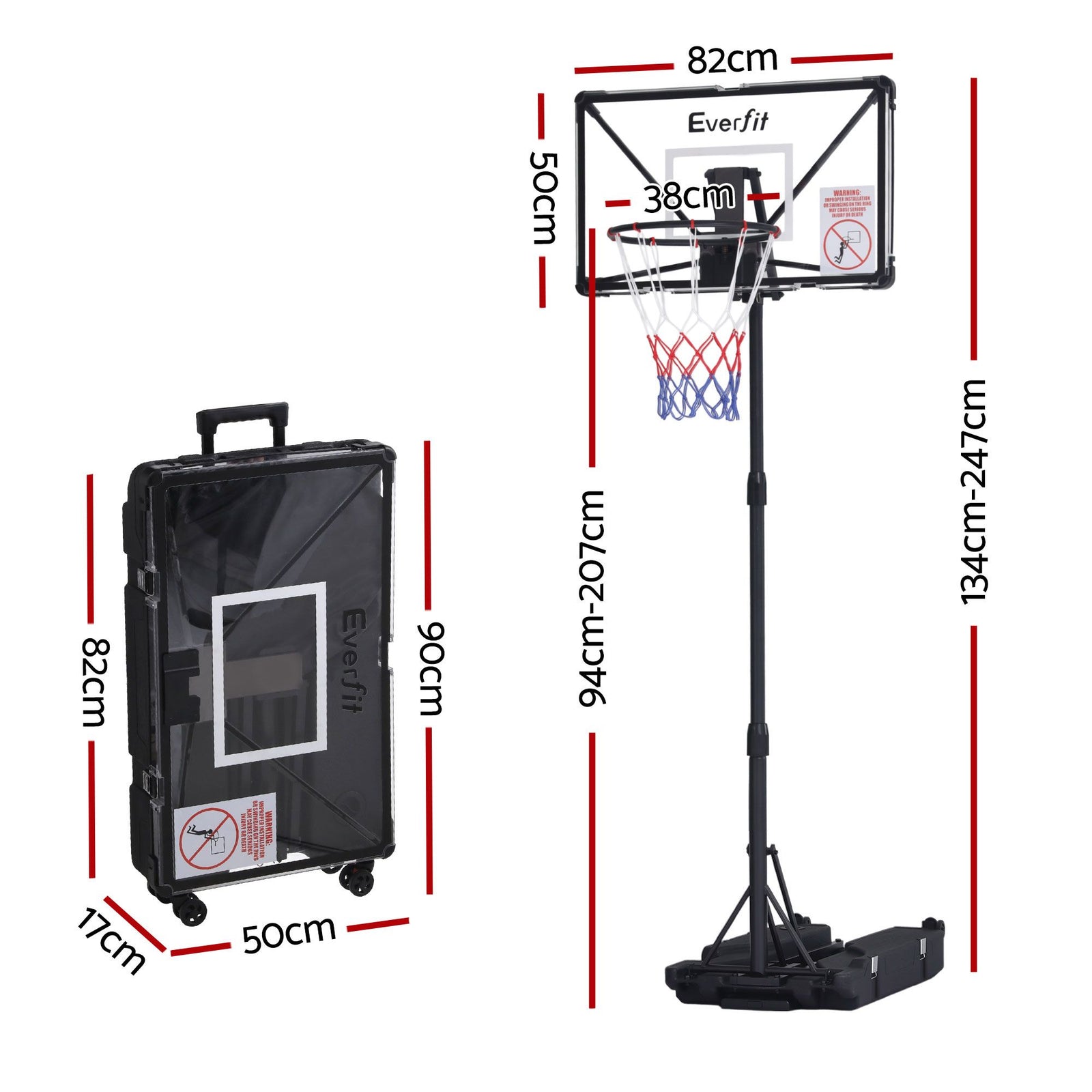 Portable Basketball Hoop – Foldable, Adjustable 0.94–2.07m, PC Backboard, 82×50cm