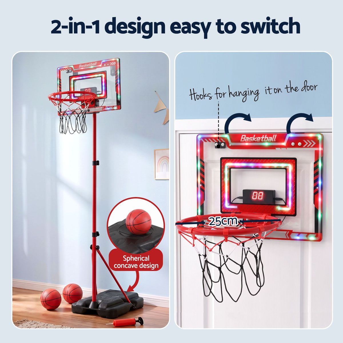 Everfit 2 in 1 Kids Basketball Hoop Adjustable Stand Over Door Scoreboard Red