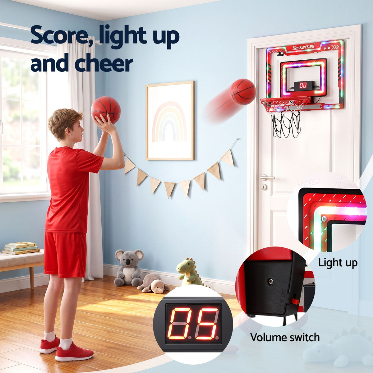 Everfit 2 in 1 Kids Basketball Hoop Adjustable Stand Over Door Scoreboard Red