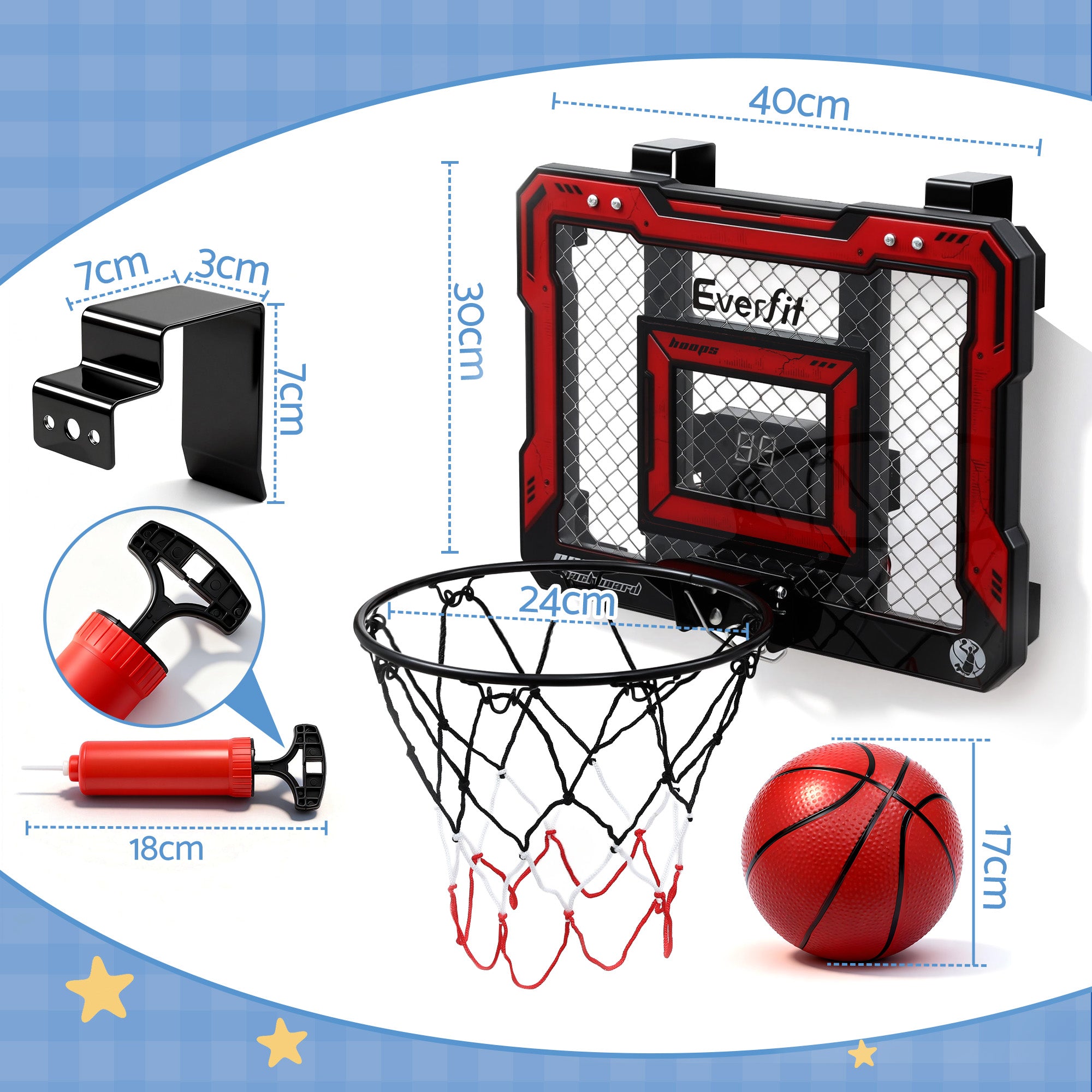 Mini Basketball Hoop Over Door Indoor LED Scoreboard Kids Set 40x30cm